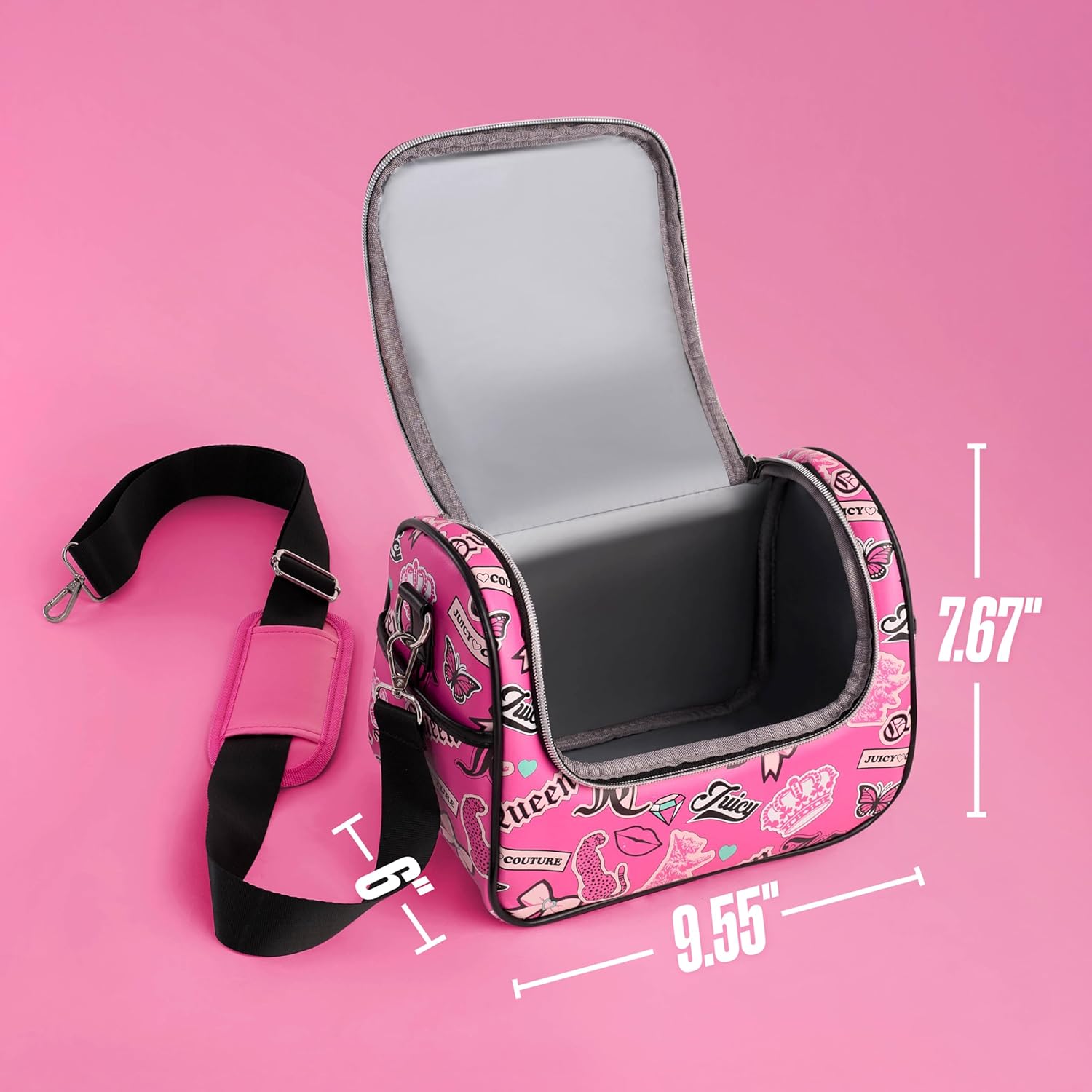Juicy Couture Insulated Lunch Bag – Stylish Cooler Tote with Adjustable Crossbody Strap, Hot Pink Printed Stickers – Women's Lunch Box Bag for Work, School, Travel - Image 2