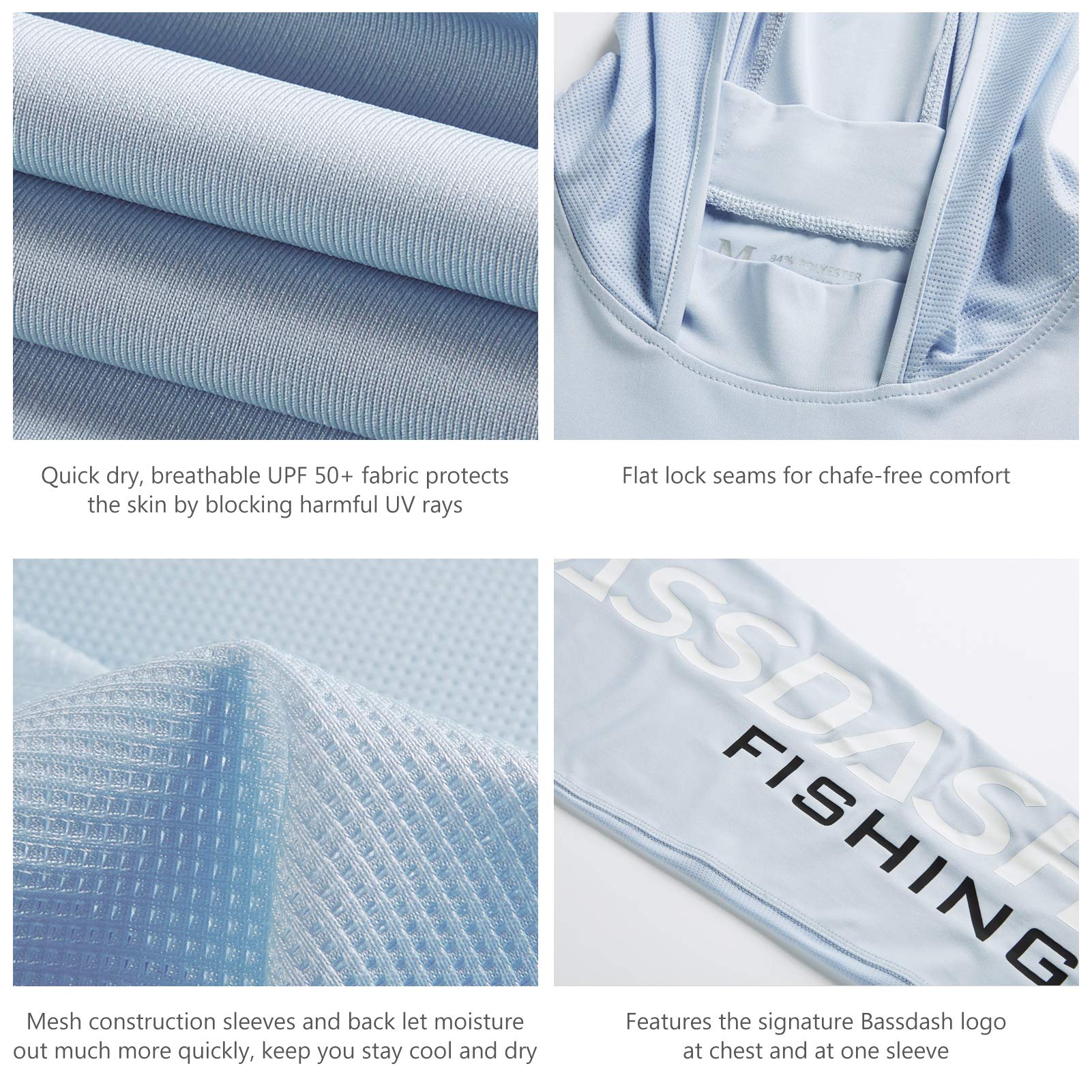 Bassdash UPF 50+ -T-Shirt da Pesca Rashguard Protezione Solare Felpa da Uomo con Cappuccio e Protezione dai Raggi UV