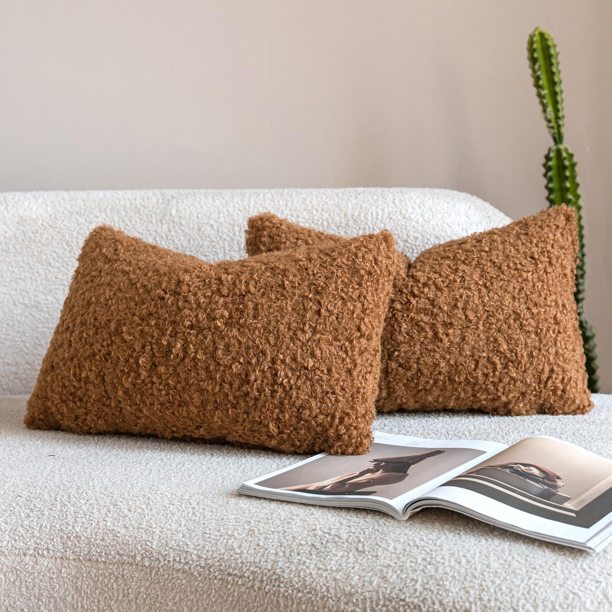Neelvin Pack of 2 Curly Teddy Sherpa Decorative Cushion Covers 30x50cm 12 x 20Inch Boucle Thick Plush Sheepskin Throw Pillow Covers for Couch Livingroom Sofa Bedroom Bronze