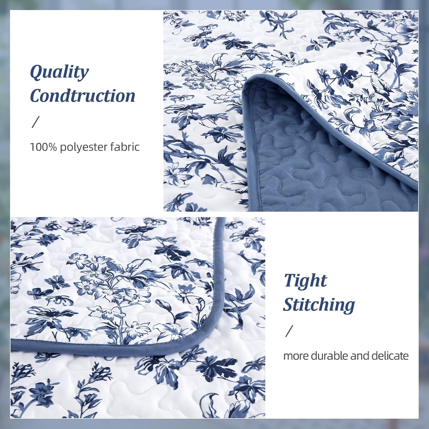 WONGS BEDDING Quilt Queen Size, Blue Quilt Bedding Set with 2 Pillowcases, Botanical Quilts for Queen Bed, Soft Microfiber Lightweight Coverlet Bedspread for All Season (96"×90", 3 Pieces) - Image 4
