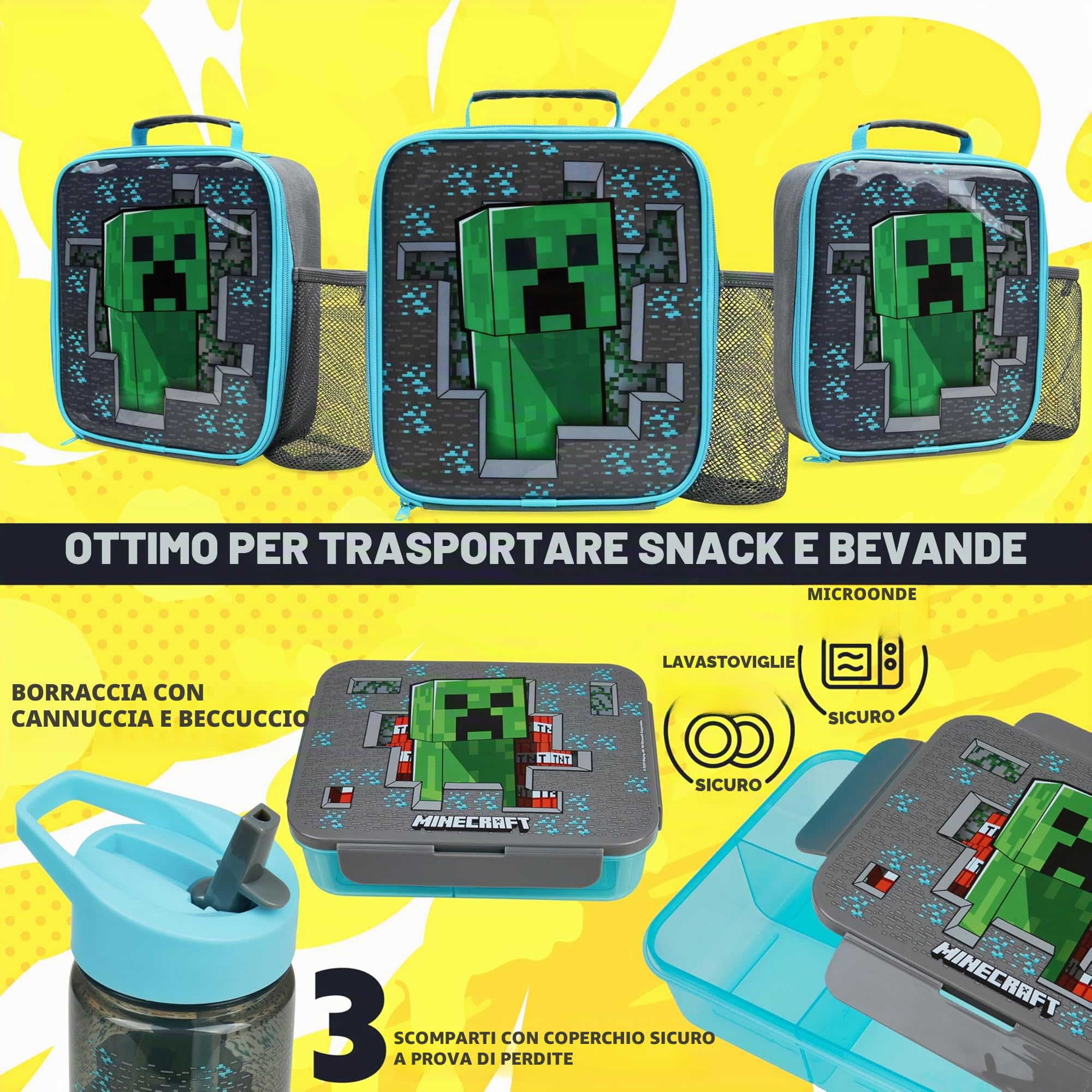 Get Trend Minecraft Borraccia, Borsa Porta Pranzo e Porta Merenda Bambini, 3Pz Set, Materiale Scolastico, Portamerenda BPA Gratuito, A Prova di Perdite (Multi Minecraft)