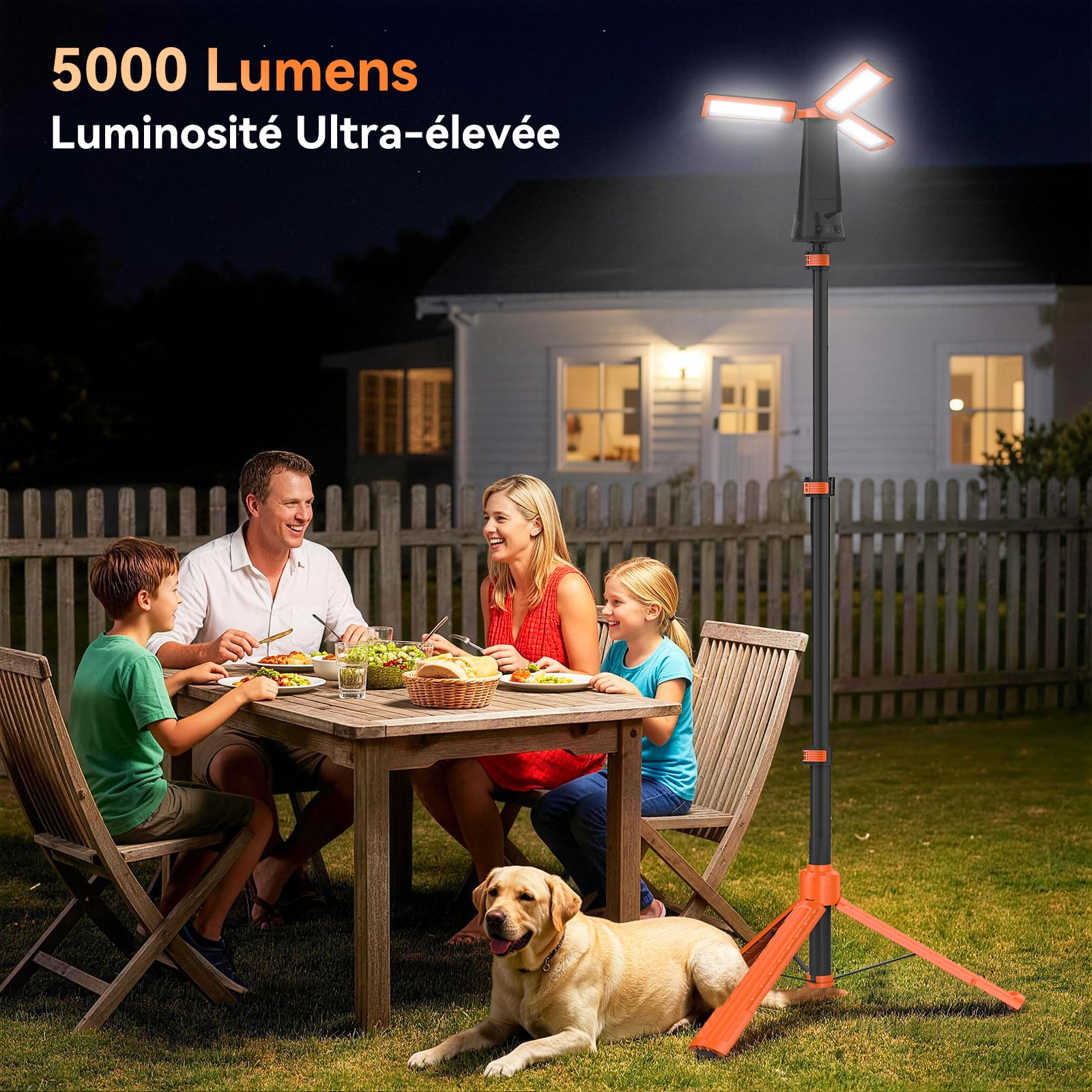 Projecteur de Chantier avec Trépied, 12000mAh Rechargeable Lampe de Camping LED à 3 Têtes, 5000LM 6500/4500/3500K Réglable & 5 Mode, Lampe de Travail Portable pour Pêche, Atelier, Urgence (Orange)
