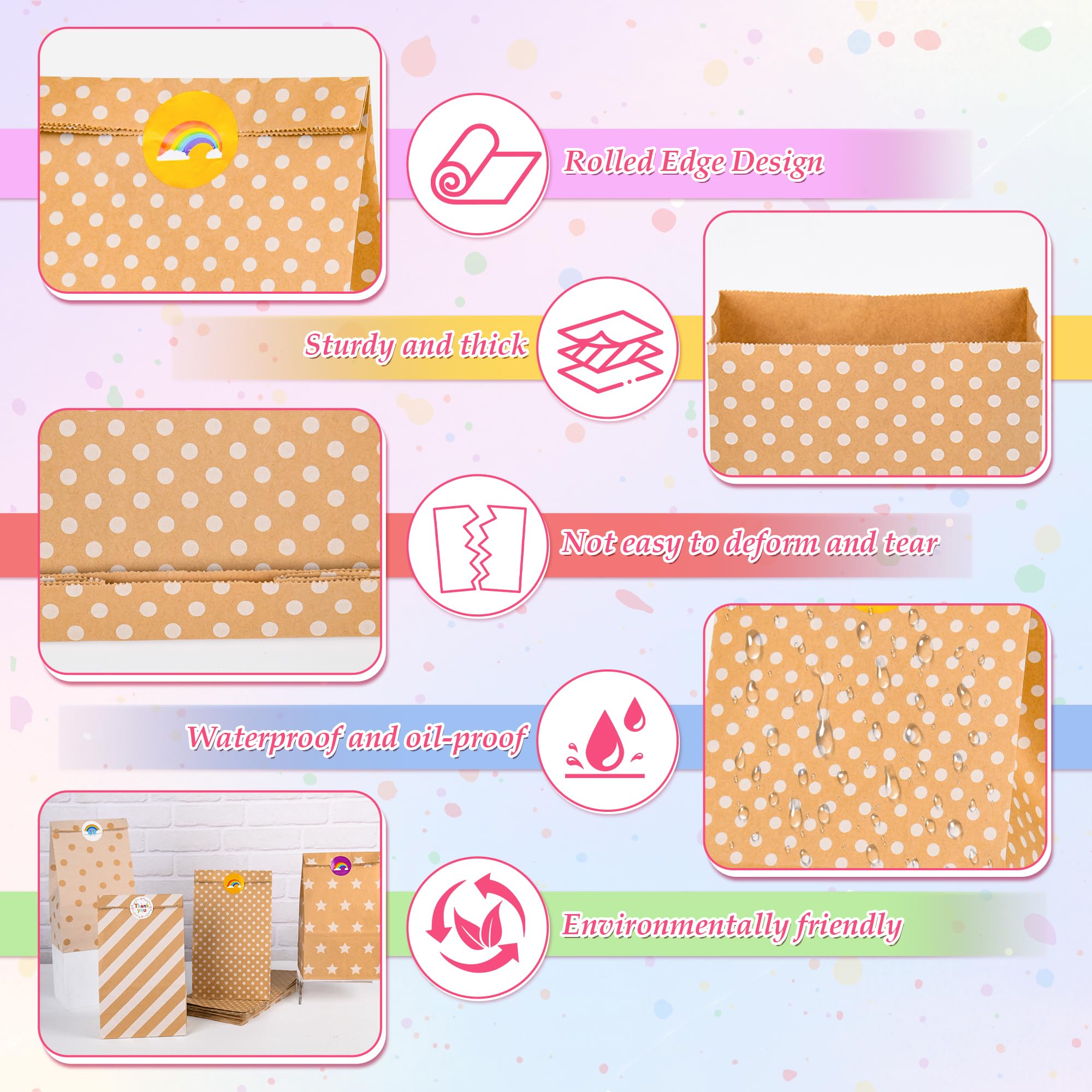 40 Sacchetti Regalo Di Carta Kraft A Quadretti + 60 Adesivi "Grazie" - 15x8x23 Cm, Per Feste E Compleanni Bambini