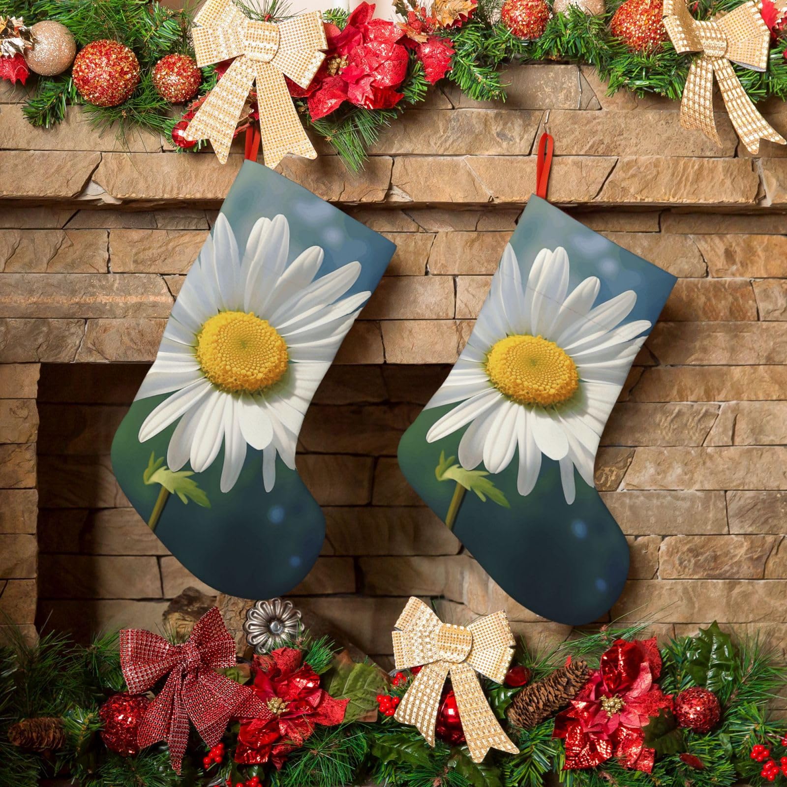 Daisy Flower Christmas Stockings 18 Inches Velvet Xmas Fireplace Hanging Stocking Rustic Christmas Santa Stockings for Home Christmas Decorations Party Favor Supplies