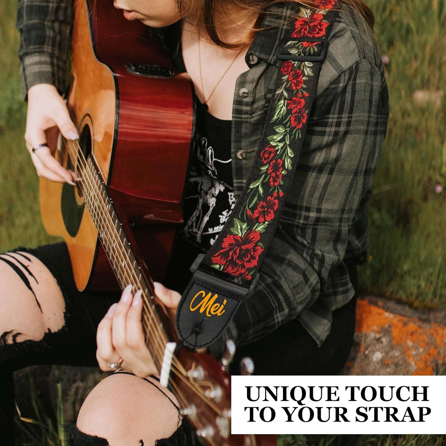Guitar Strap - Add You Name or Initials and Make It Personalized. For Electric, Acoustic & Bass Guitar, Adjustable Rose Strap Includes 2 Strap Locks to Keep It Safe & 2 Unique Picks and Pick Pocket