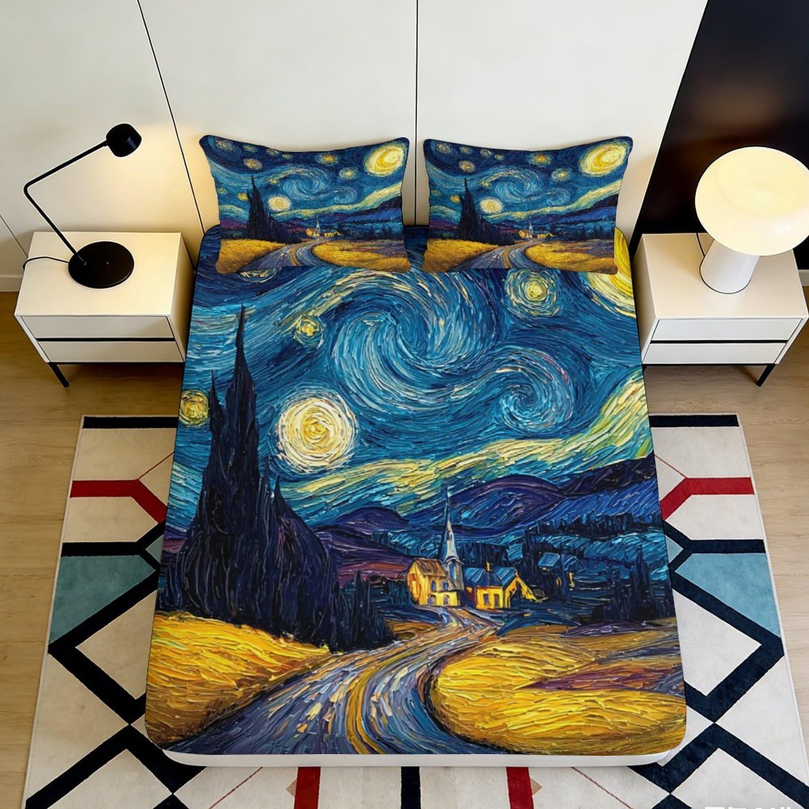 3D Printed Starry Night Fitted Sheet Microfiber Artistic Blue Yellow Sky Swirl Mattress Cover Bedroom Dorm Decor 90x200x25cm