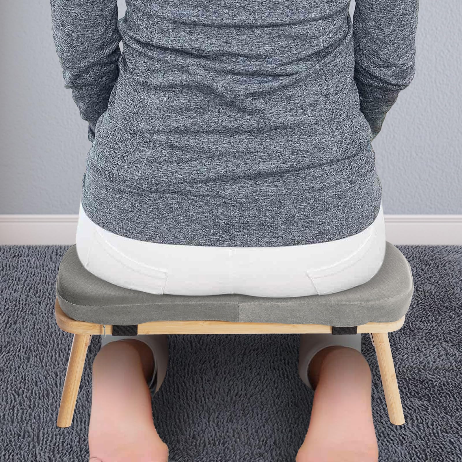 MINRS Banc de méditation pliable en bois avec coussin - Tabouret de prière ergonomique pour s'agenouiller et s'asseoir - Méditation plus profonde et plus longue - Gris