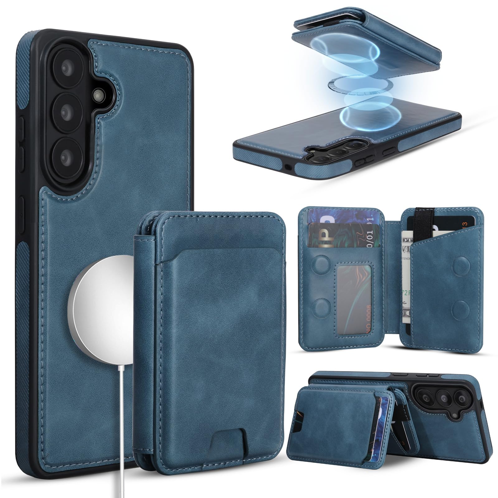 Funda magnética desmontable para Samsung Galaxy S26 con soporte, 2 en 1 compatible con MagSafe con tarjetero con bloqueo RFID, funda delgada de piel sintética vintage azul