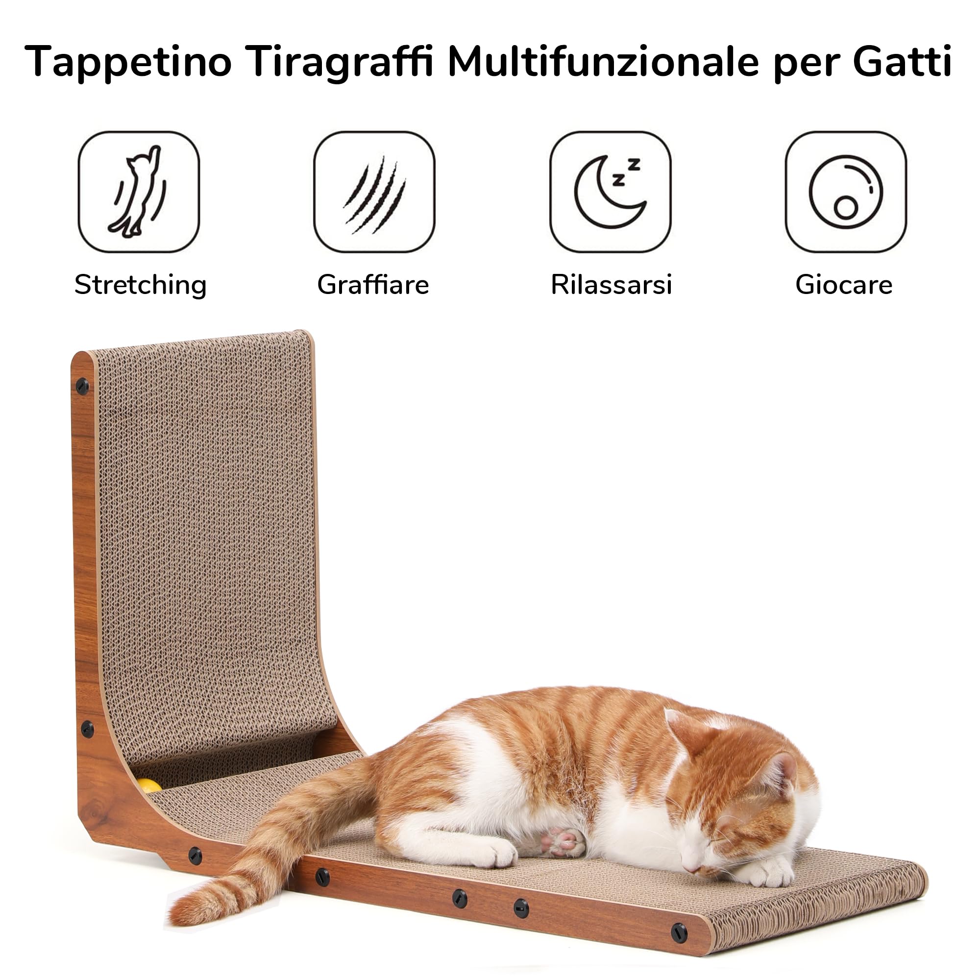 FUKUMARU Tiragraffi per Gatti Cartone, Giochi per Gatti Interni, Tiragraffi Divano Verticale, a Forma di L(68 cm), con Palla Giocattolo, Colore Noce