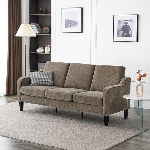 VINGLI Sofás para sala de estar, sofá pequeño marrón de 71 pulgadas, sofás modernos de mediados de siglo, 3 plazas, cómodo sofá tapizado de felpilla