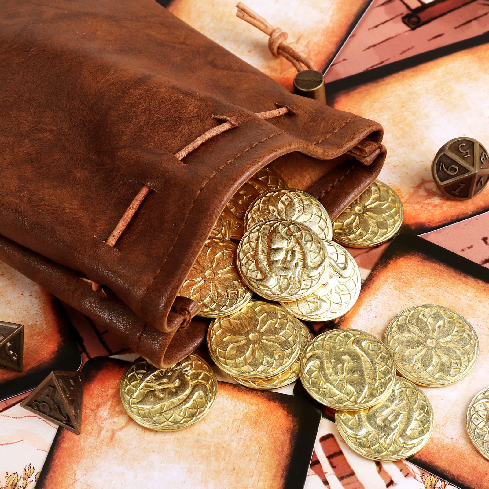 Byhoo DND Set di Monete in Metallo Fantasia con Borsa in Pelle, gettoni Gioco da Tavolo, Tesoro e Oggetti di Scena retrò, 50 Monete d'oro magiche DND per Giochi di società TRPG