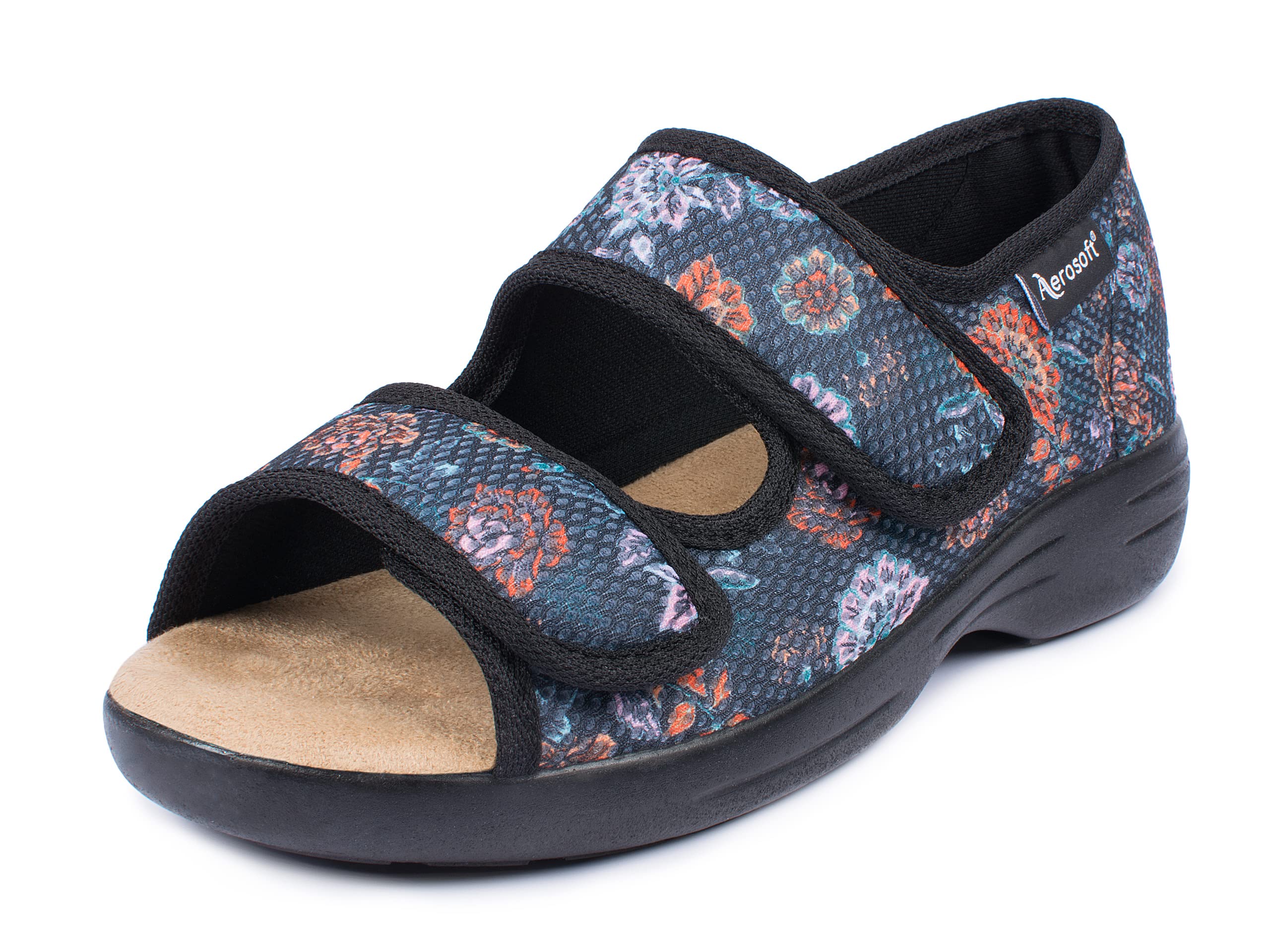 Aerosoft Reha-Sandale Stretch 06 Damen Klettverschluss Weite G-H rutschhemmend (Anthrazit Blume, numeric_42)