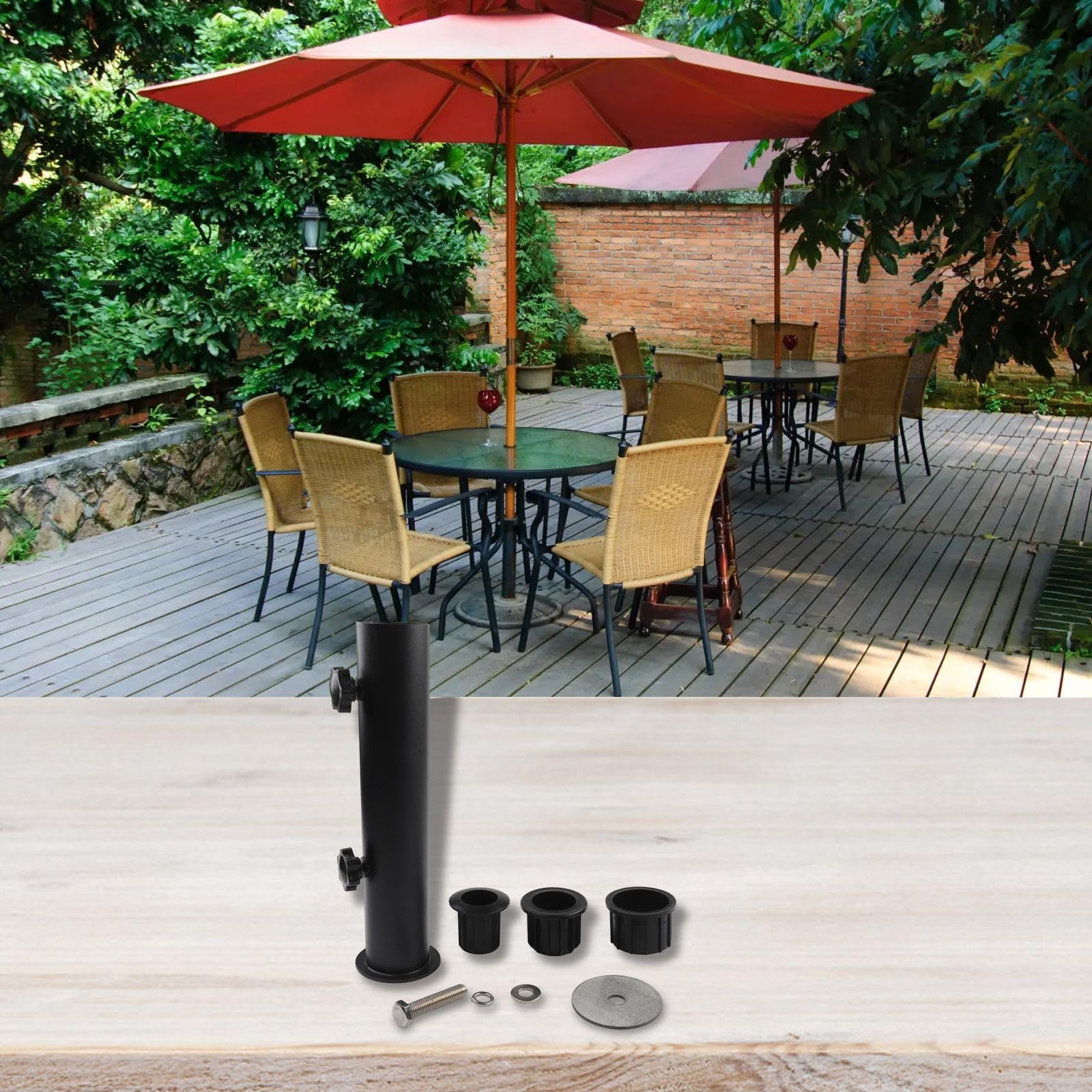 Base per ombrellone resistente in acciaio inox nero per patio, giardino e spiaggia, elegante supporto per ombrellone da esterno con 3 manicotti per una maggiore stabilità e facilità
