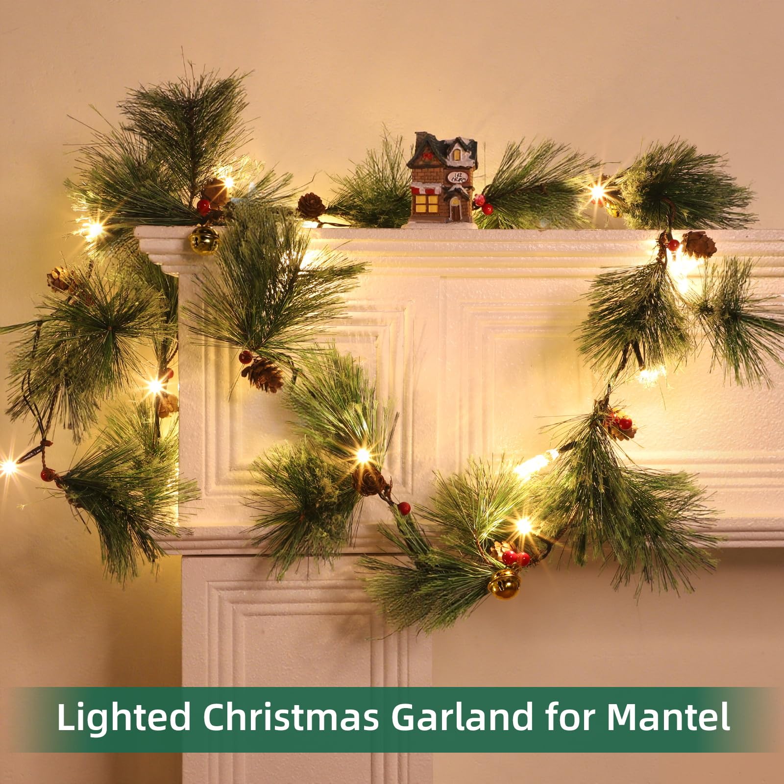 Ghirlanda natalizia con doppio cambio di colore e timer, 1,8 m, 20 LED, con luci bianche calde e colorate, 8 modalità, ghirlanda rustica di pino di cedro preilluminata con pigne e campanelle di