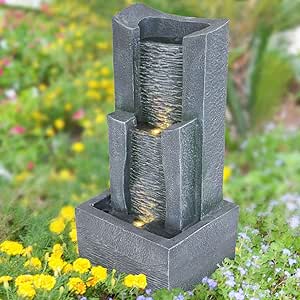 Tuinfontein, tuinfontein, 230 V, decoratieve tuinlamp en vijverpomp voor tuin, vijver, terras, balkon, verbeterd model, tuinfontein, steenkascade, zwart wald, met ledlicht