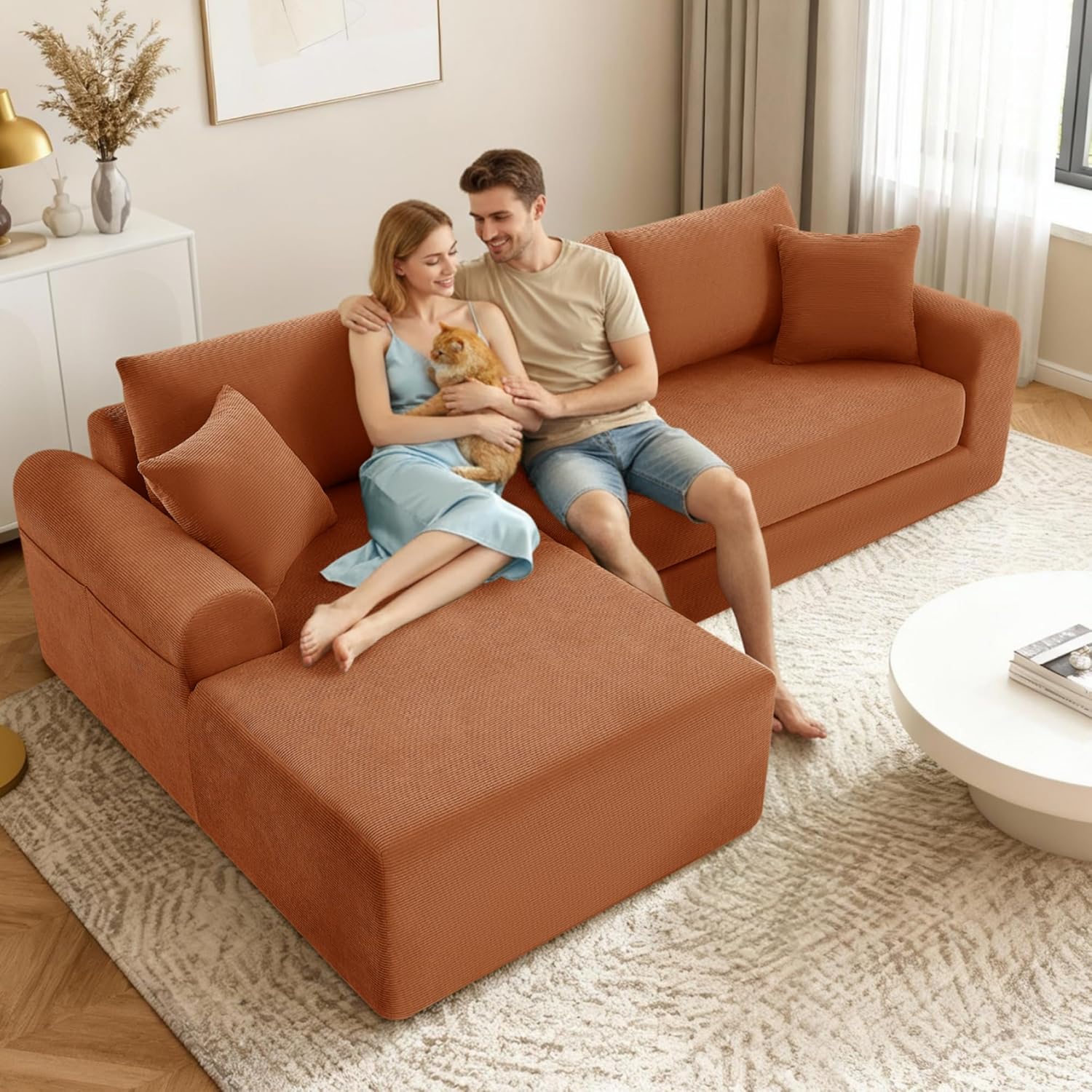 GJQ Modular Sectional Sofa with Chaise, Cloud Sectional Couch with Deep Seat, Modular L-Shape Sofa Corduroy Boneless Couch for Living Room,Bedroom,No Assembly Required(Orange, Left Facing Chaise)