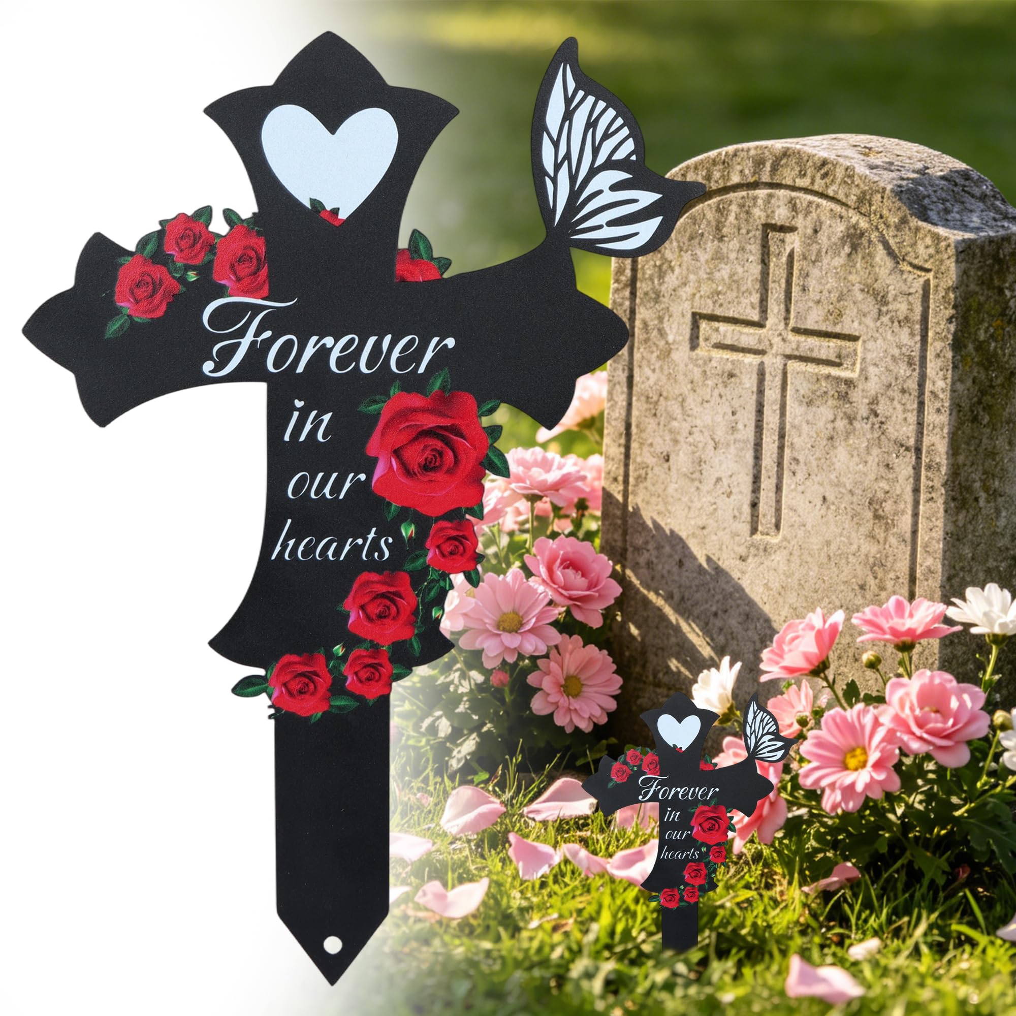 Winsegom Cross Memorial Stake, Acrylic Weatherproof Grave Marker, Black Outdoor Memorial Plaque for Yard, Grave Remembrance Decoration, Sympathy Gift for the Loss of a Loved One