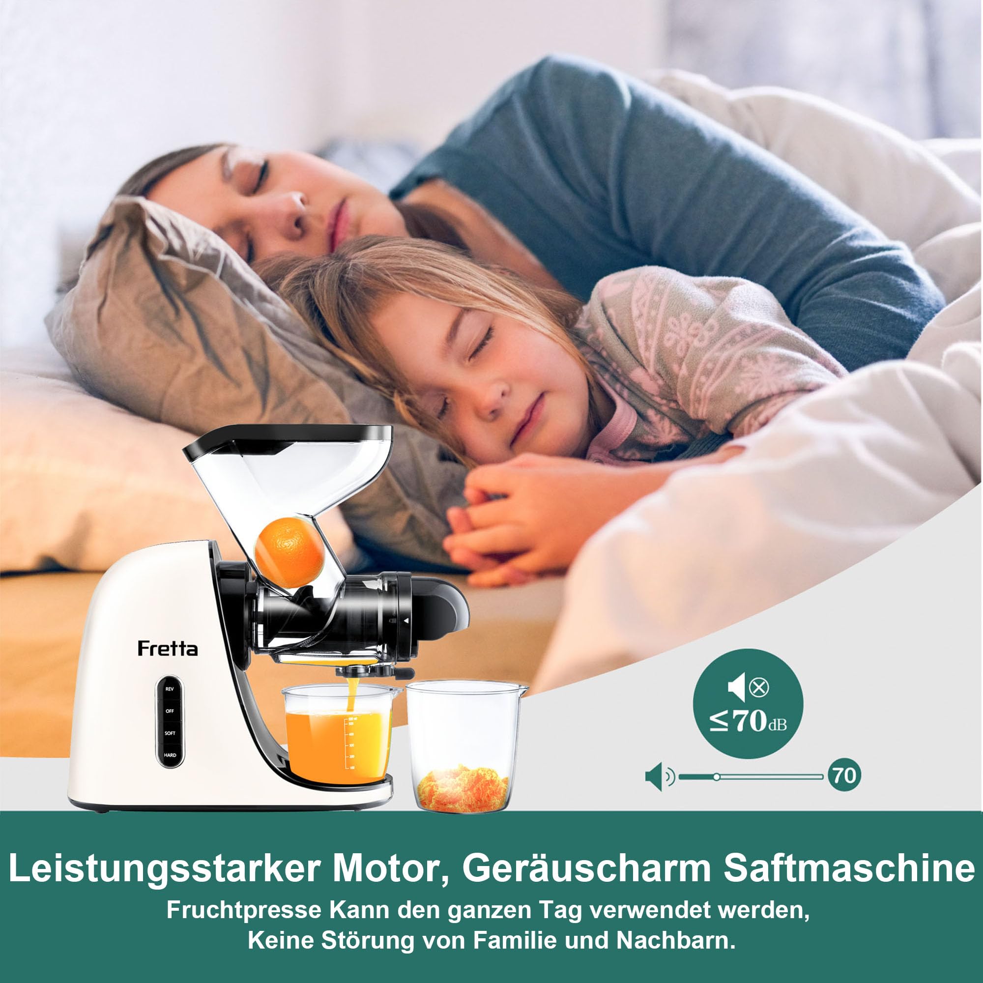 Fretta Slow Juicer Entsafter Gemüse und Obst Saftmaschine, 200W Saftpresse Elektrisch Obstpresse Sellerie Juice Machine, 76mm XL Einfüllschacht, BPA-Frei, Leicht zu reinigen White