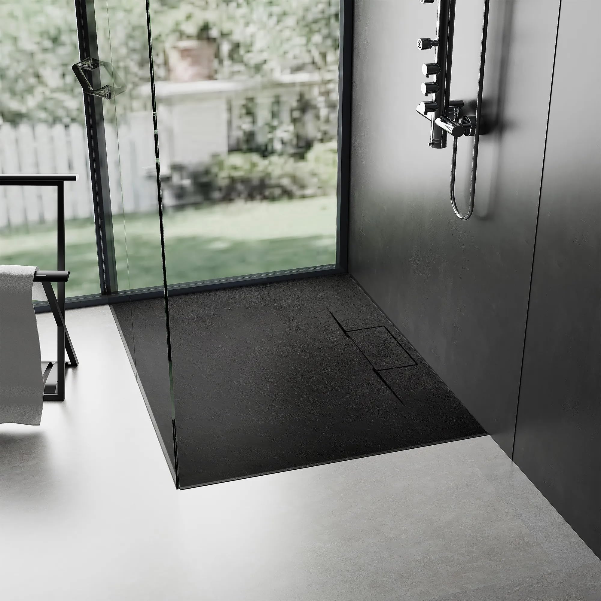 VBChome Plato de ducha, 100 x 80 x 2,5 cm, color negro, estructura de piedra, plato de ducha extraplano, rectangular, desagüe de desagüe SMC, compuesto SMC, instalación universal, sifón rectangular,