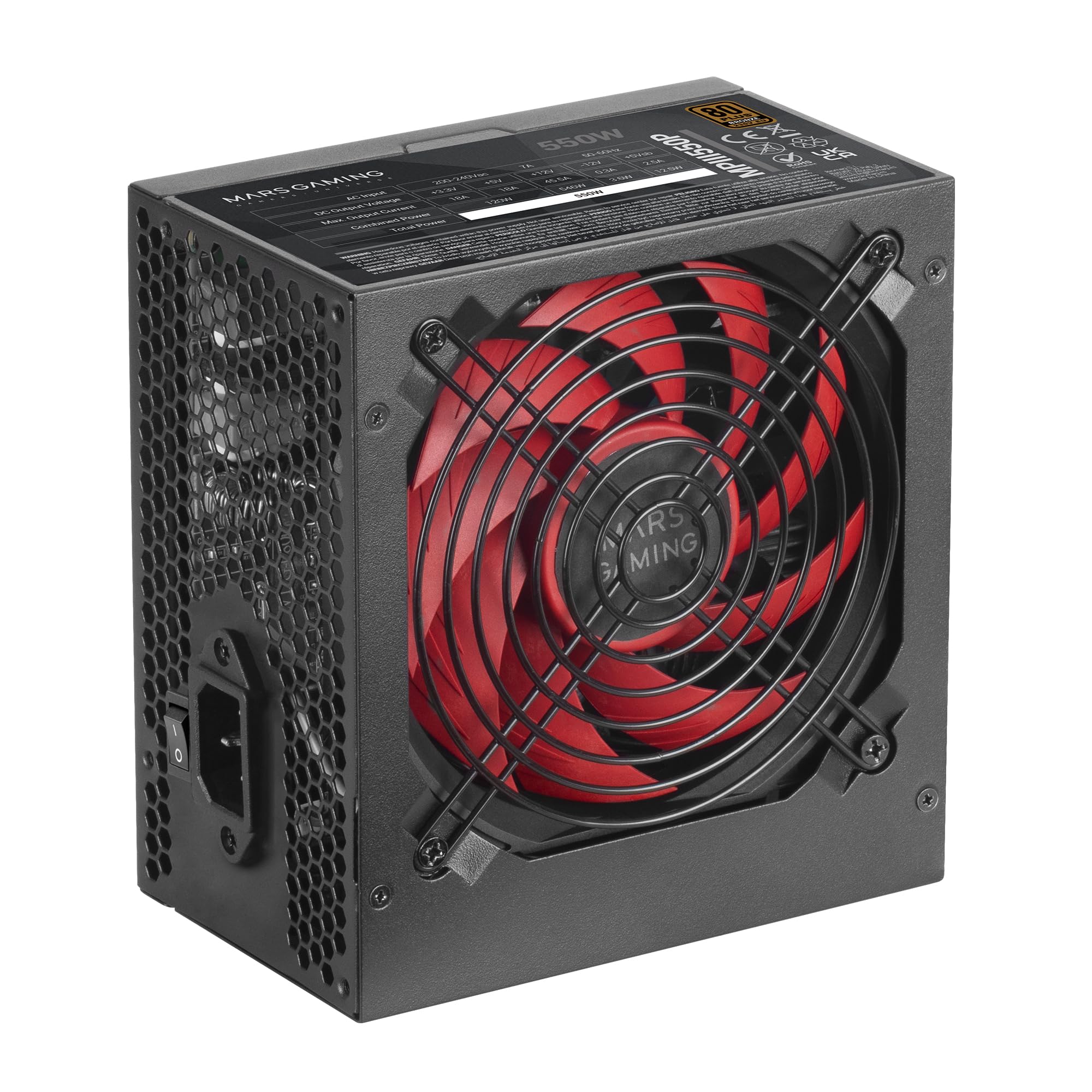 Mars Gaming MPIII550P Alimentation ATX 550W, 80 Plus Bronze, Noire | Garantie 5 Ans, Certification 80Plus Bronze, Efficacité 86 %, APFC, Ventilateur FDB 120mm AI-RPM, DC-DC et SMD