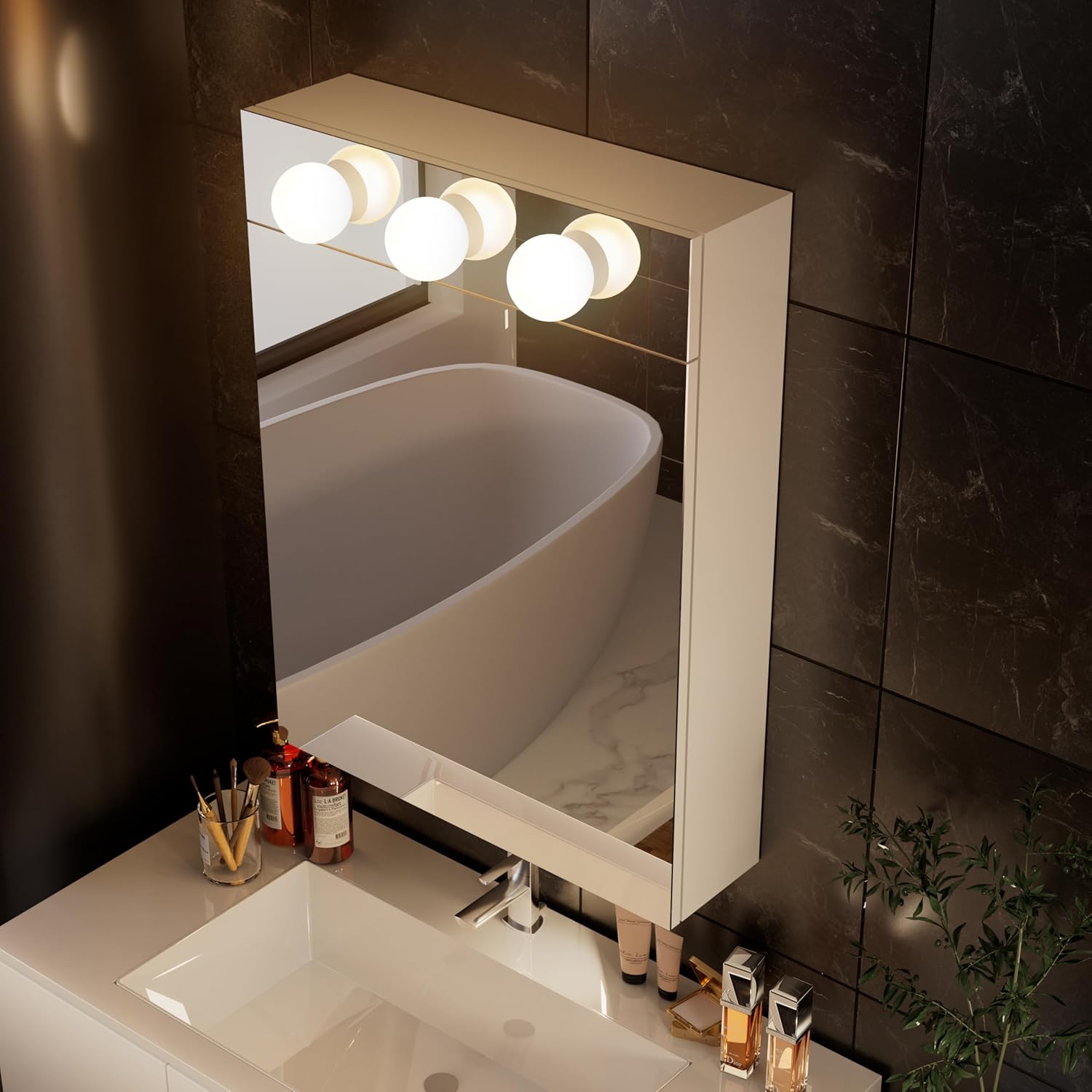 28x20 LED Lighted Bathroom Medicine Mirror Cabinet with Sockets & USBs, Dimmable Light and Color Adjustment, LED Bulbs, Easy to Install White W20 x H28 1 mirrored door