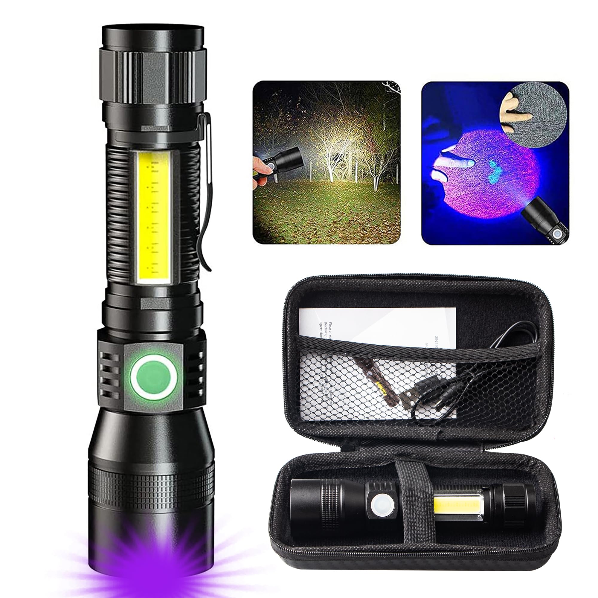 AdamStar Black Light Flashlight, 3 in-1 Rechargeable Flashlights, UV Light Magnetic LED Flashlight High Lumens, 7 Mode Camping Waterproof Flashlight