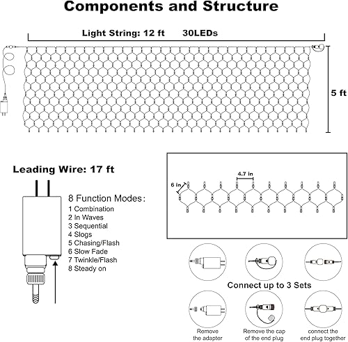 Miniatura 6 de Twinkle Star - 360 luces de red LED de Navidad, 3,6 x 1,5 m, 8 modos de bajo voltaje. tira de luces de malla conectables, para árboles de Navidad,