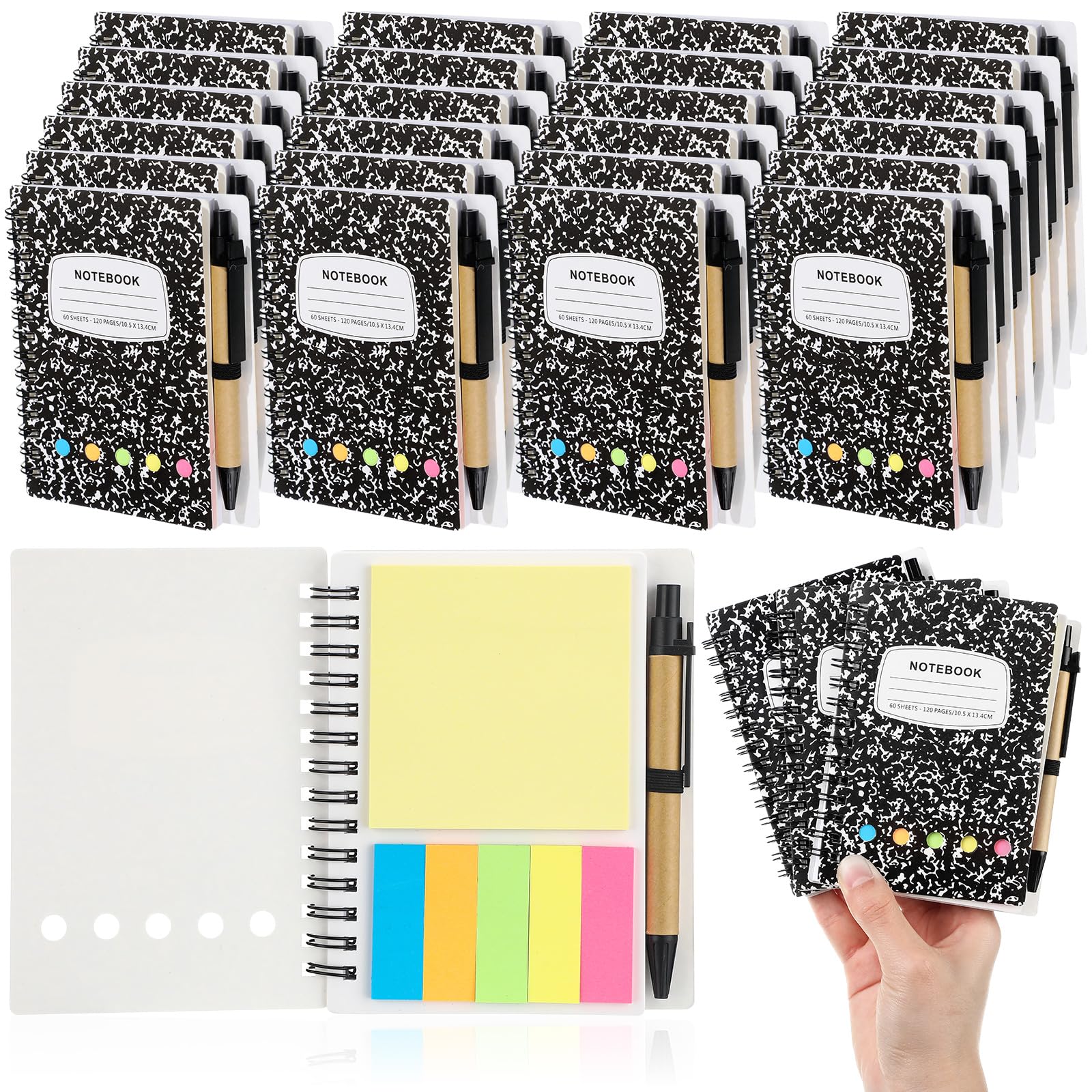 Dunzoom 24 juegos de cuadernos en espiral a granel, bloc de notas rayado con bolígrafo, notas adhesivas, pestañas de índice de colores, cuaderno de bolsillo de 5.2 x 4.1 pulgadas para suministros de