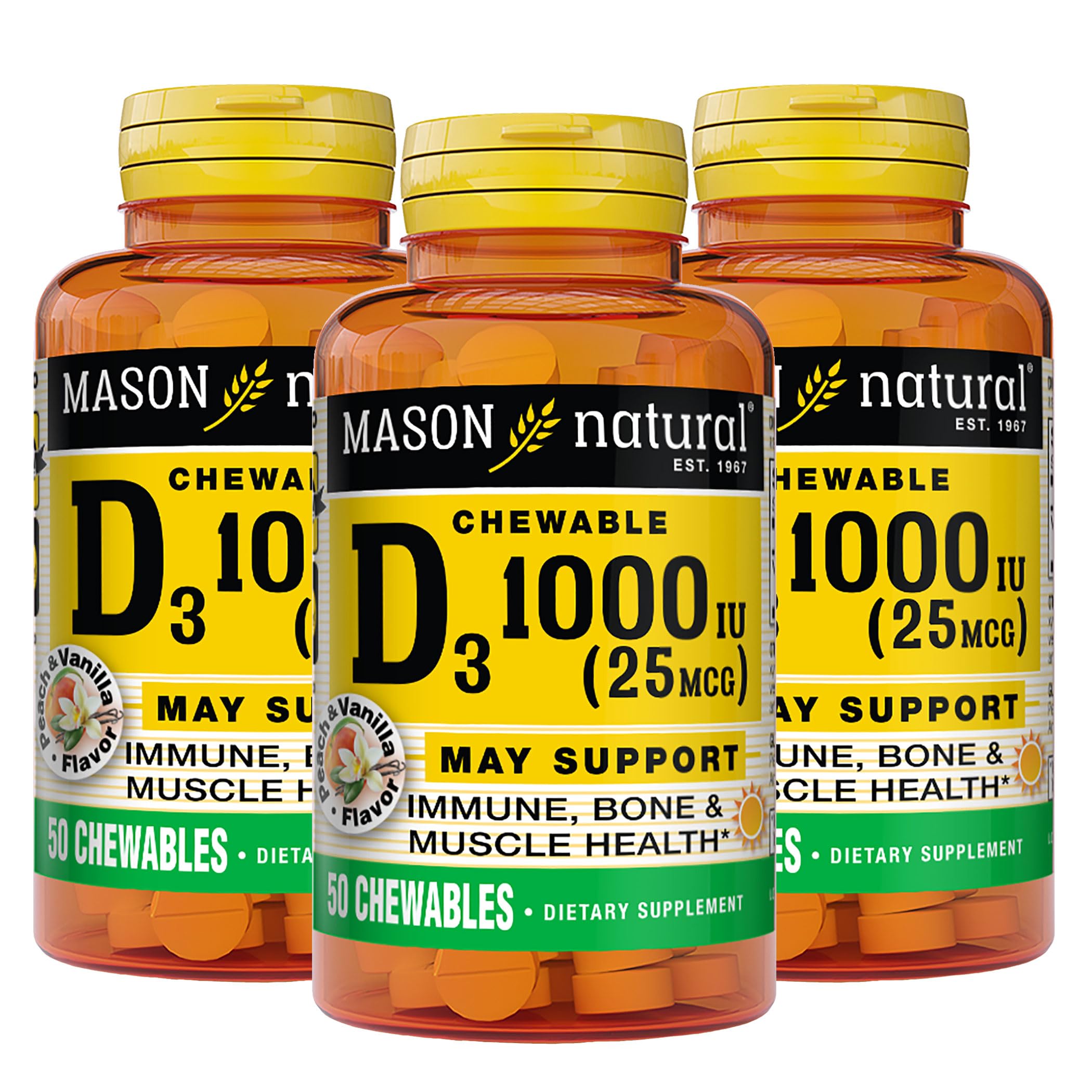 MASON NATURAL Vitamin D3 1000 IU Peach Vanilla Chewables, 150 Day Supply 50 Count (Pack of 3)