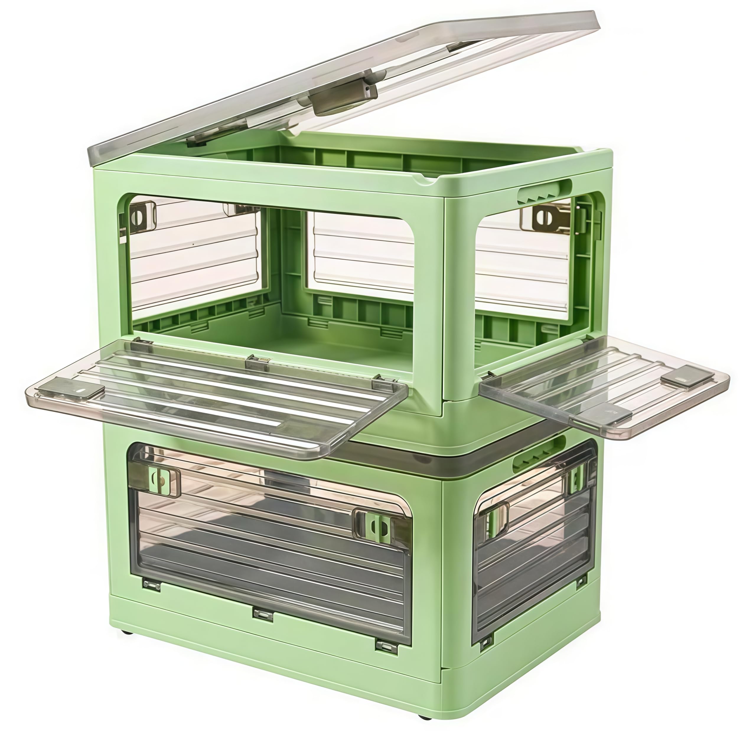 32Qt Collapsible Storage Bins with Wheels, Plastic Storage Boxes with 4 Doors, Stackable Storage Bins with Lids for Organizing Clothes, Snacks and Camping, 2-Pack (Green)