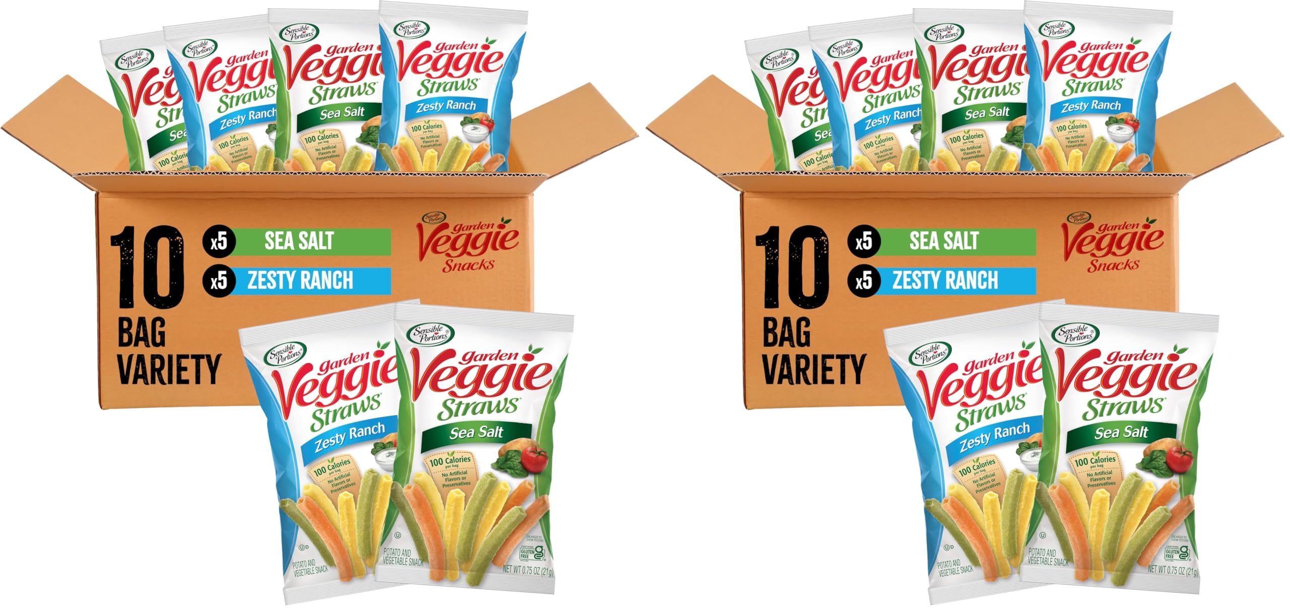 Sensible Portions Veggie Straws Multi-Pack, Sea Salt and Zesty Ranch Flavor, Gluten-Free Chips, Individual Snacks, 0.75 Ounce Bag, (Pack of 20)