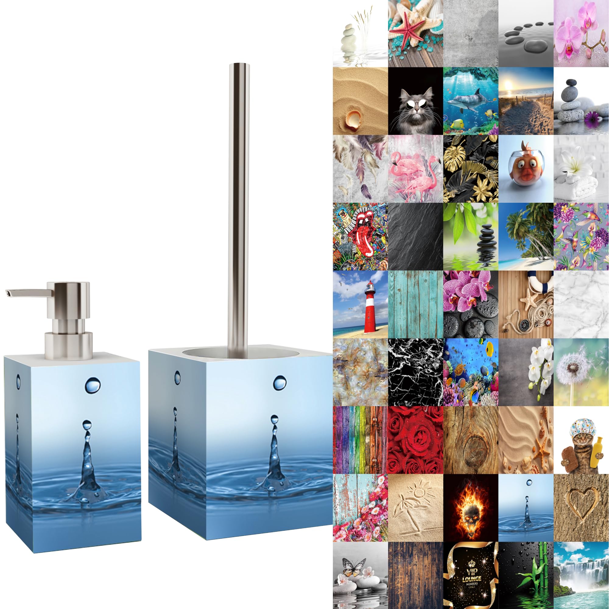 Premium Bathroom Set | Great Range | Soap Dispenser and Toilet Brush | Beautiful designs surface (Waterdrop)