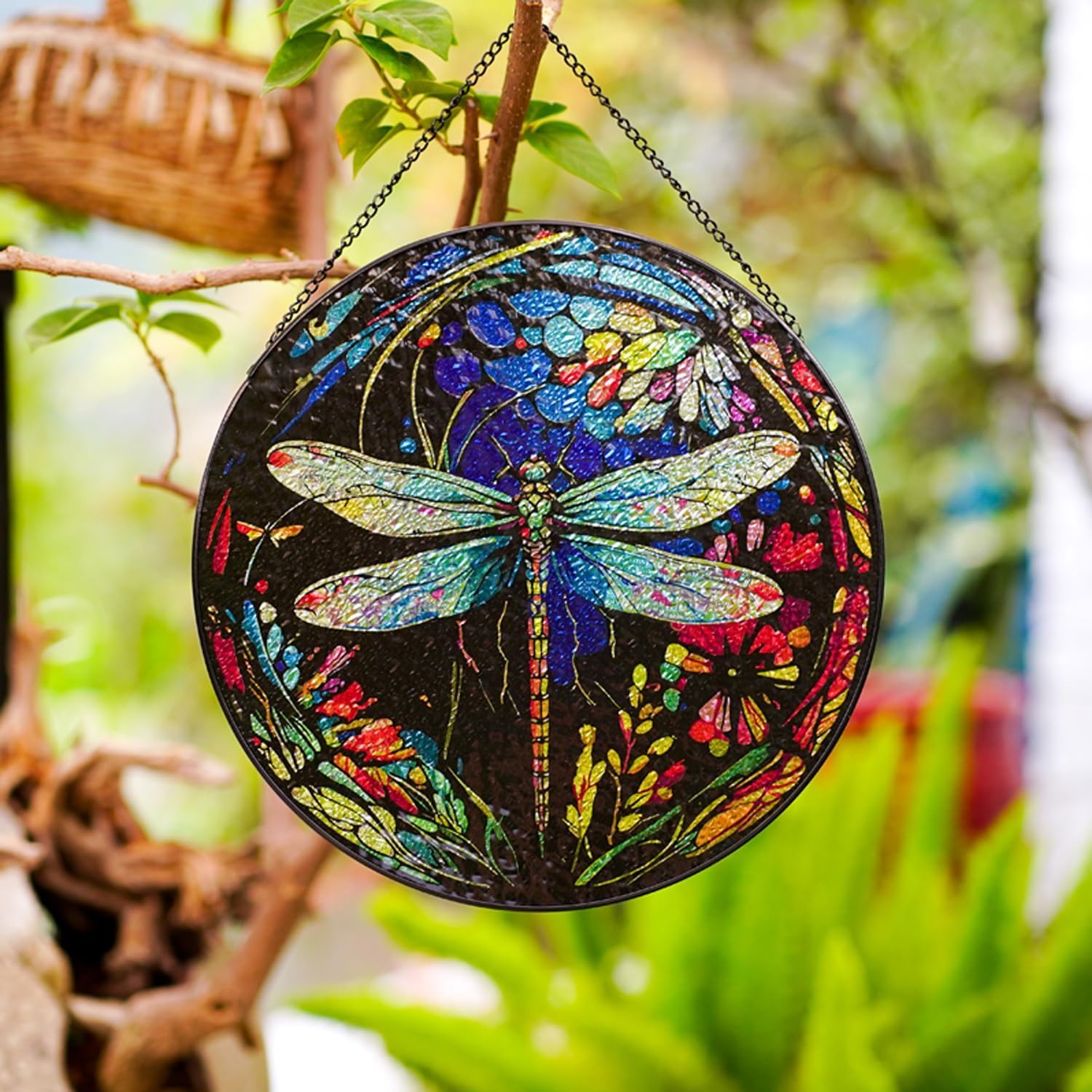VEWOGARDEN Libellen Buntglas-Fensteraufhängung | 25,4x25,4 Cm | Mit Metallkette | Sonnenfänger Für Fenster & Wand