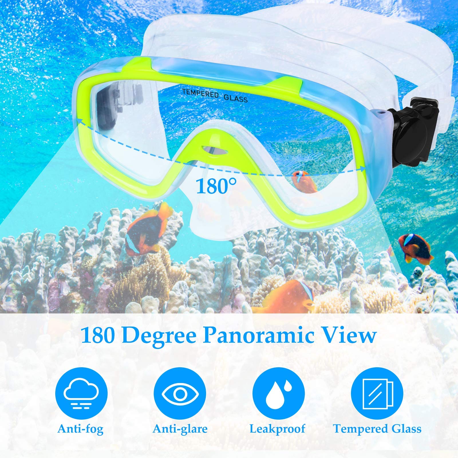 Kids Snorkel Set, Children Anti-Fog Diving Mask Swimming Goggles Semi-Dry Snorkel Equipment Snorkeling Packages Swimming Gear for Youth Boys Girls Age 5-10 (Blue Yellow)