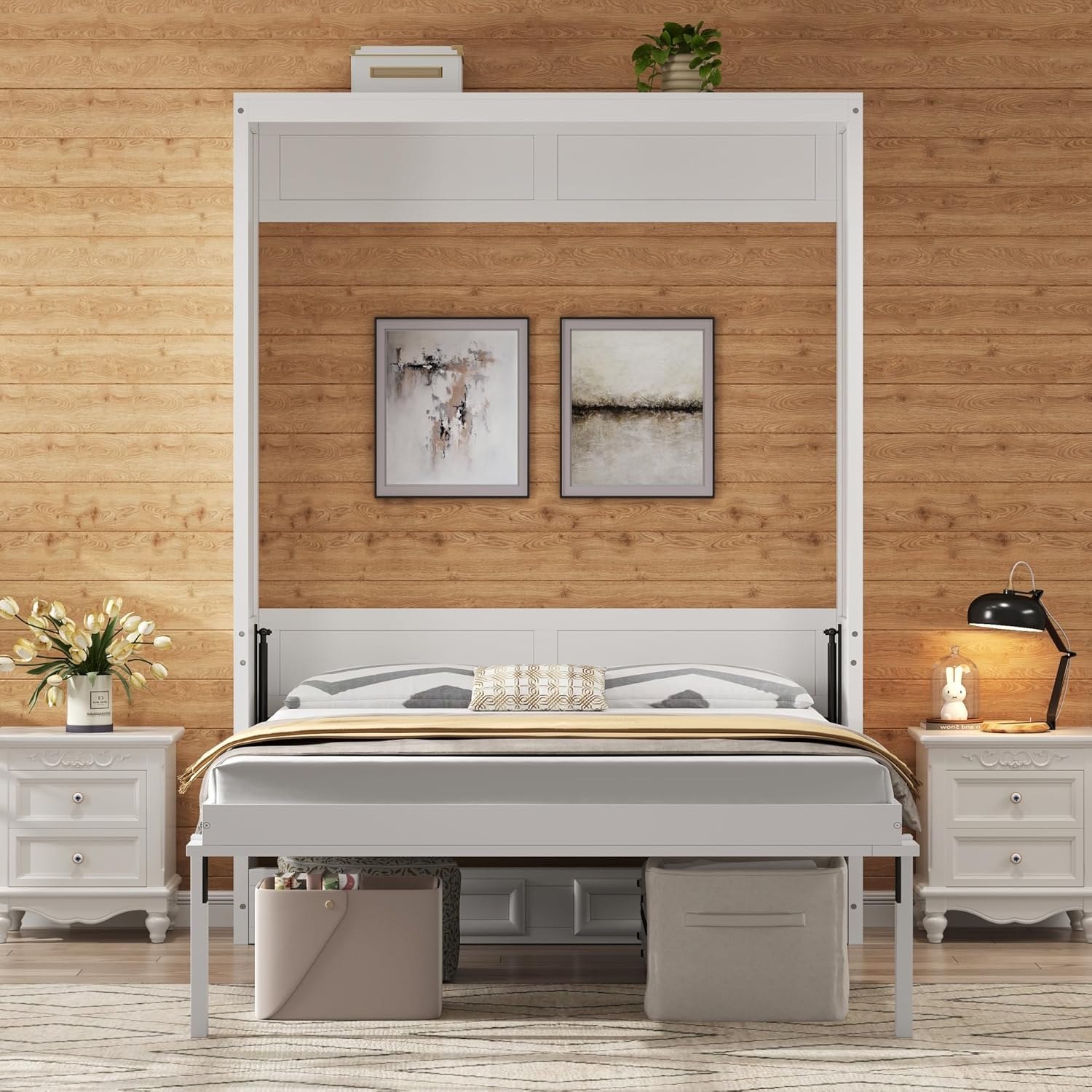 MERITLINE Full Murphy Bed with Storage Drawers,Solid Wood Folding Hidden White Murphy Wall Bed with Drawers for Adults