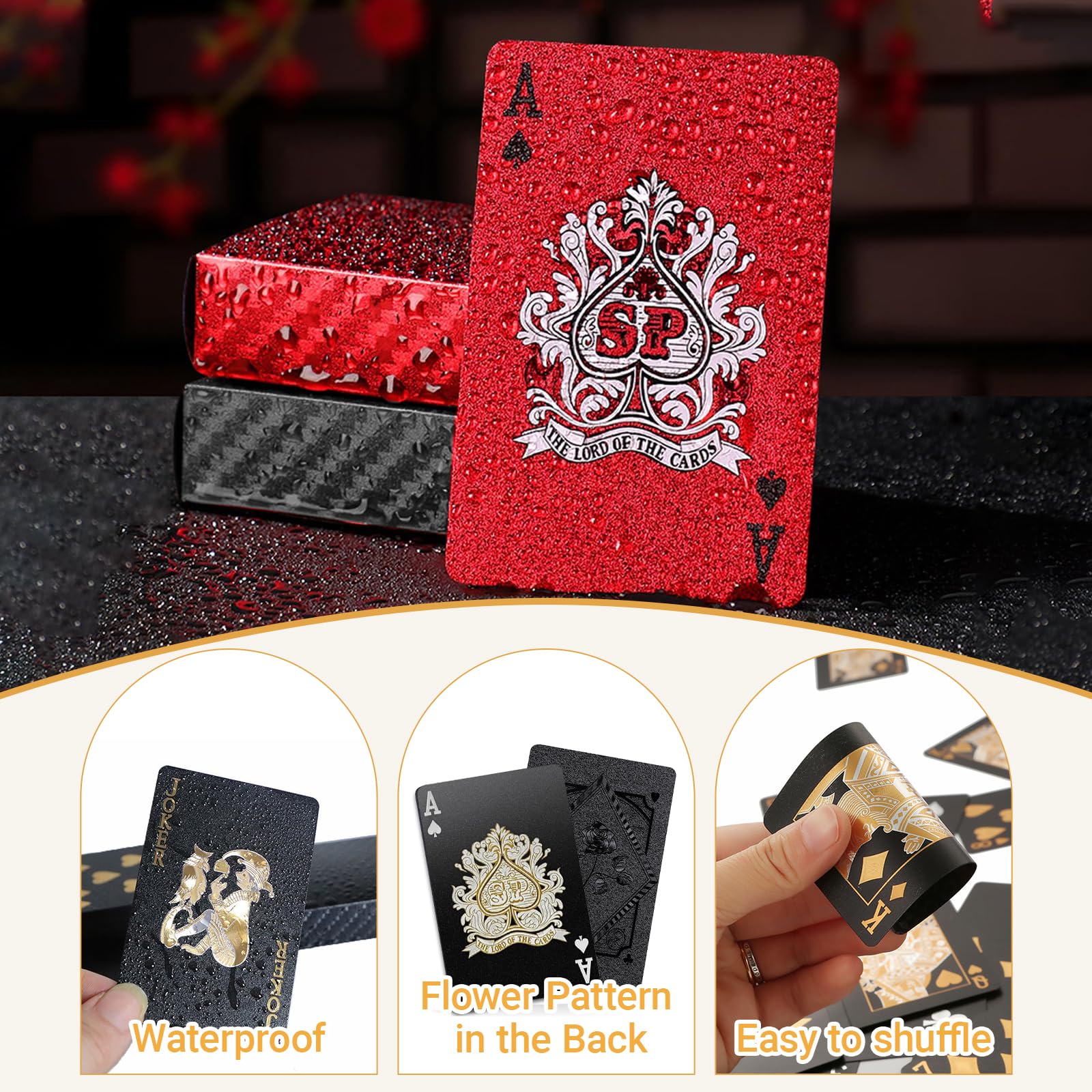 HEUIOP 2 Deck Waterproof Playing Cards,Plastic Standard Playing Card Decks,Gold Foil Rose Style Poker for Party Game BBQ Gatherings Family Entertainment Collectors,Ages 12+ (Black & Red) - Image 3