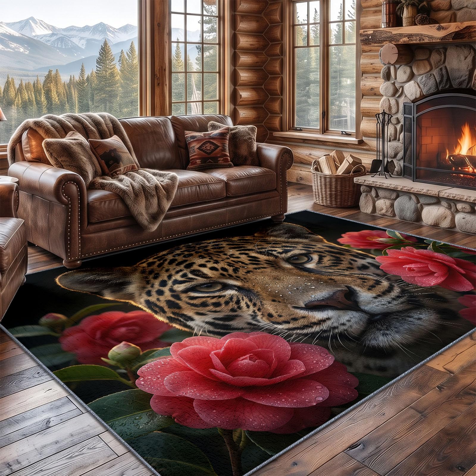 Générique Peinture À l'huile Réaliste Tapis de Salon Lavable en Machine 80 x 150 cm, Tapise antidérapant, Tapis de Chambre Style Guépard Roses Rouges Fleurs Fraîches pour Le Salon, l'entrée, Noir