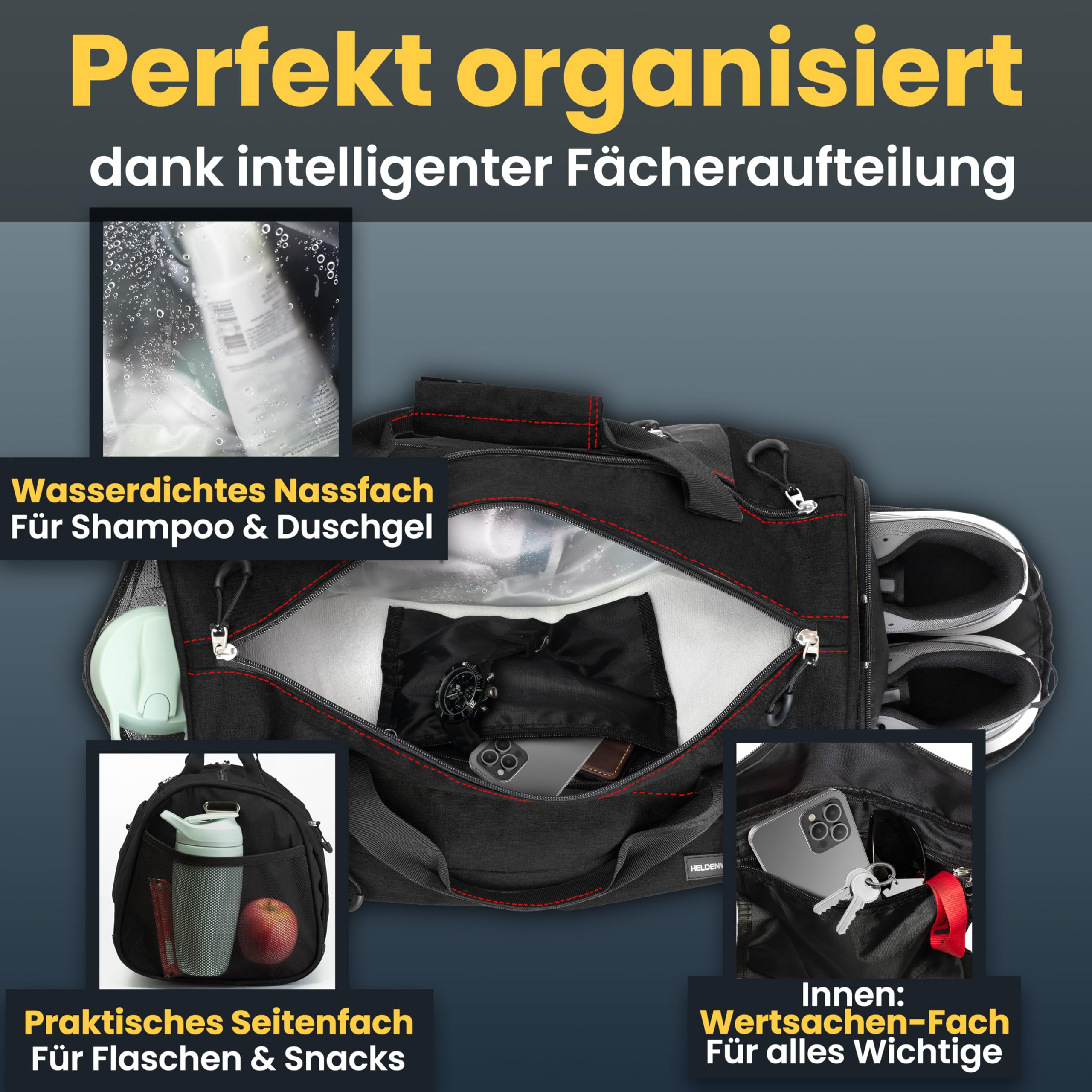 Heldenwerk® Sac de sport avec compartiment pour chaussures et compartiment pour vêtements mouillés | Sac d'entraînement pour homme et femme | Idéal comme sac de voyage, sac de fitness, sac