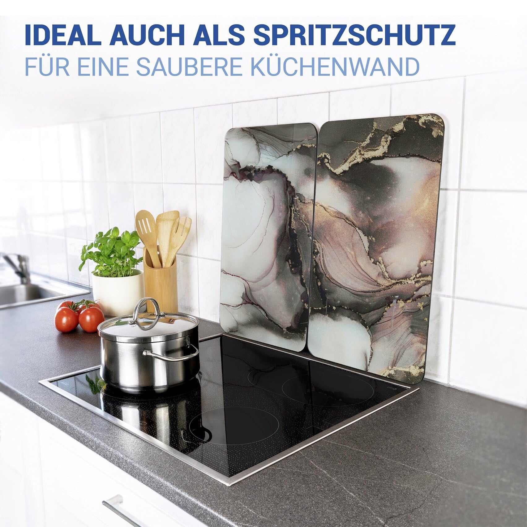 WENKO Herdabdeckplatte Universal Mod. Aquarell, höhenverstellbar für alle Herdarten, Schneidebrett und Spritzschutz, Glas, 30 x 52 cm, 2-teilig