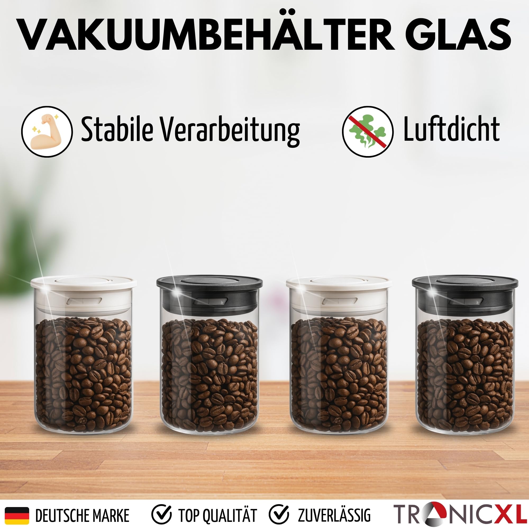 TronicXL Vakuum 4x Kaffeedose Teedose Vorratsdose - Vorratsbehälter Vakuumdose mit Aroma-Deckel Luftdicht für Kaffeebohnen Kaffeepad Kaffeekapseln kompatibel mit Nespresso Dolce Gusto Senseo Tchibo