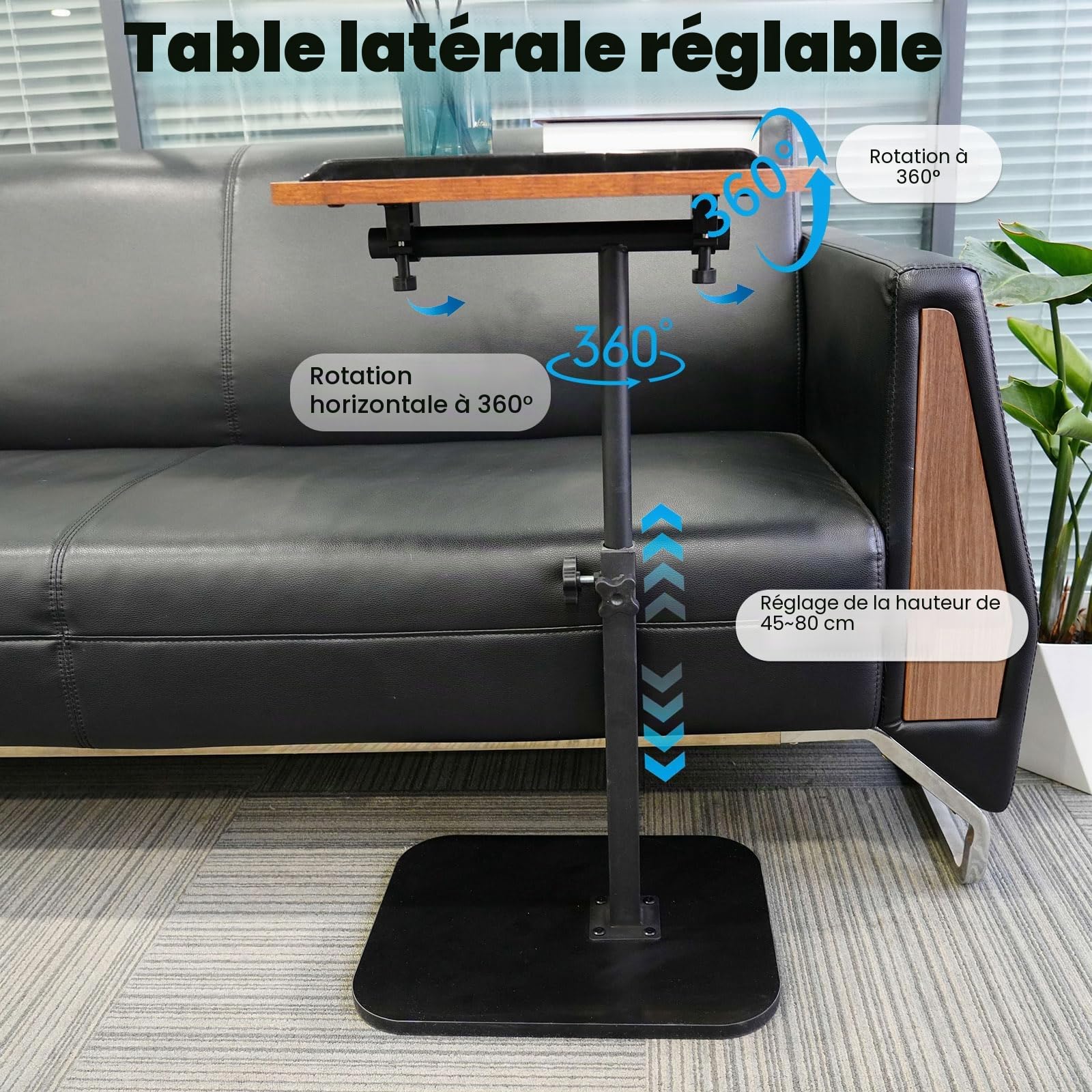 Table d'appoint en C réglable en Hauteur pour canapé,avec Fente pour téléphone et Tablette,lit, Coin Lecture, Table d'appoint en Forme de C pour canapé, Plateau TV Rotatif à 360 ° (Walnut)