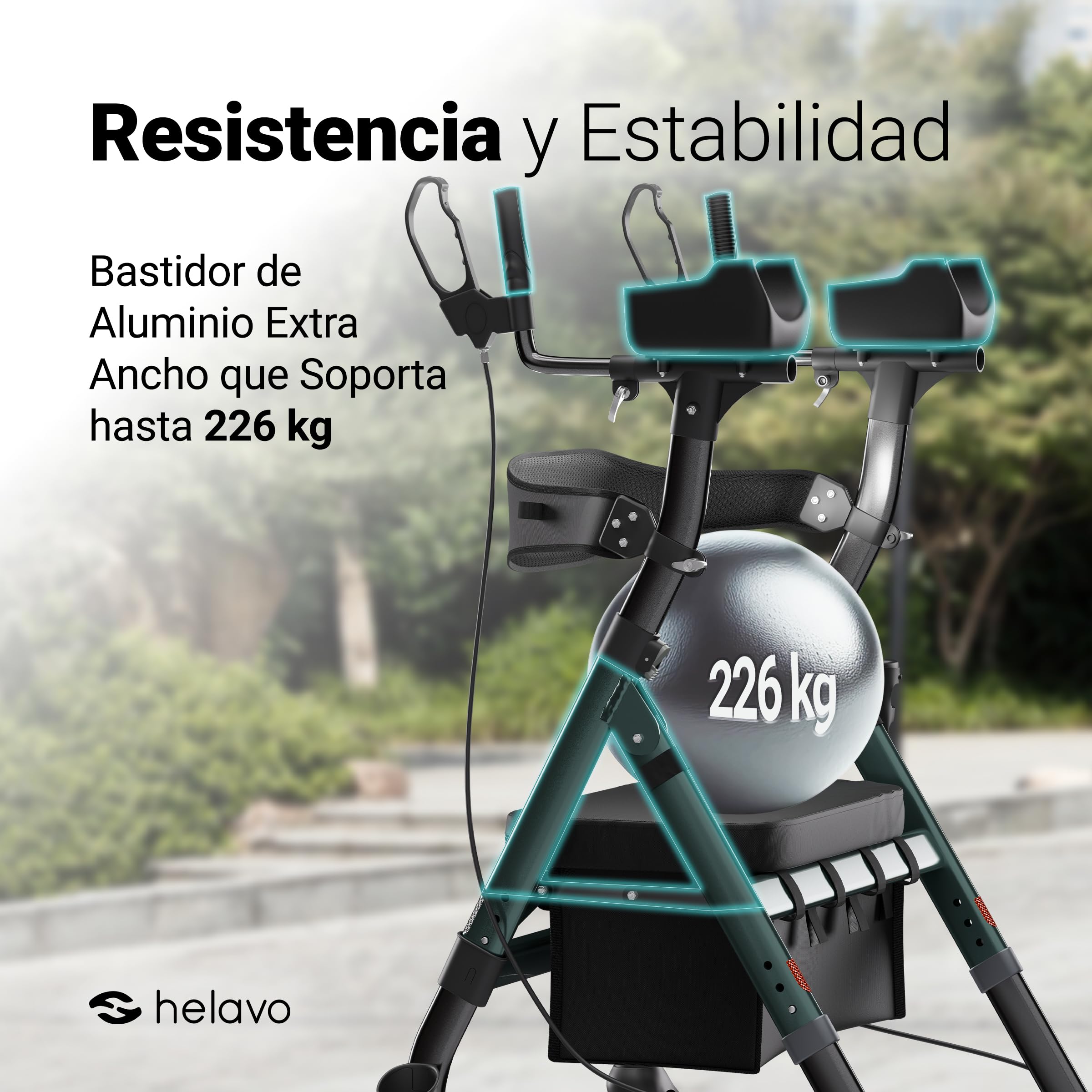 Andador antibraquial bariátrico Helavo con ruedas 8 pulgadas, antipinchazos, asiento ancho plegable, rodillo extra grande y apoyo antebrazos, carga 226
