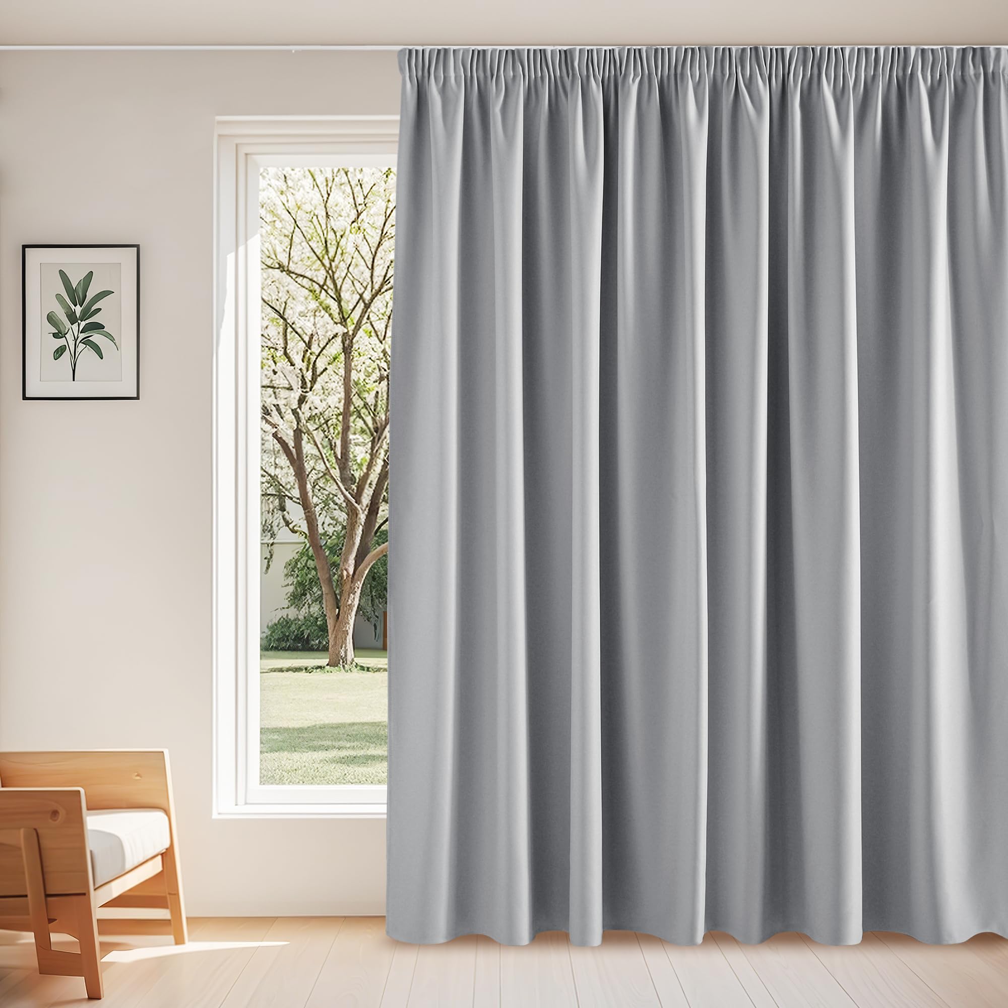 PONY DANCE Vorhang Verdunkelung Kräuselband Extra Breite Gardine Thermo | 1er Set, H245 x B300 cm, Silbergrau, Blickdichte Gardinen, Hitzeschutz, für Schienensystem, für Schlafzimmer Wohnzimmer
