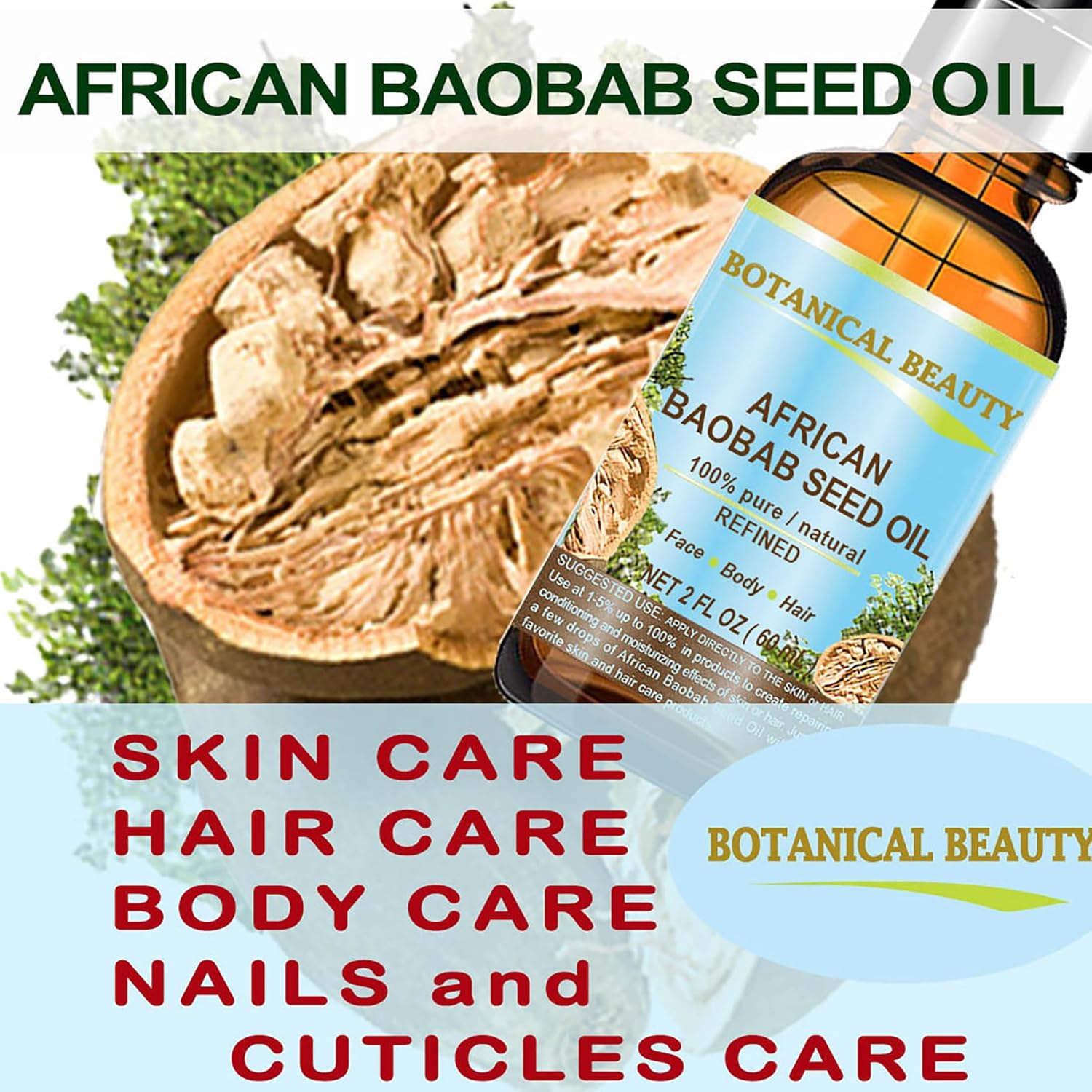 Botanical Beauty‎ BAOBAB SEED OIL 100% Pure Natural Refined Cold-Pressed Carrier Oil 4 Fl oz 120 ml For Face Skin Body Hair Lip Nails Rich in Vitamin C