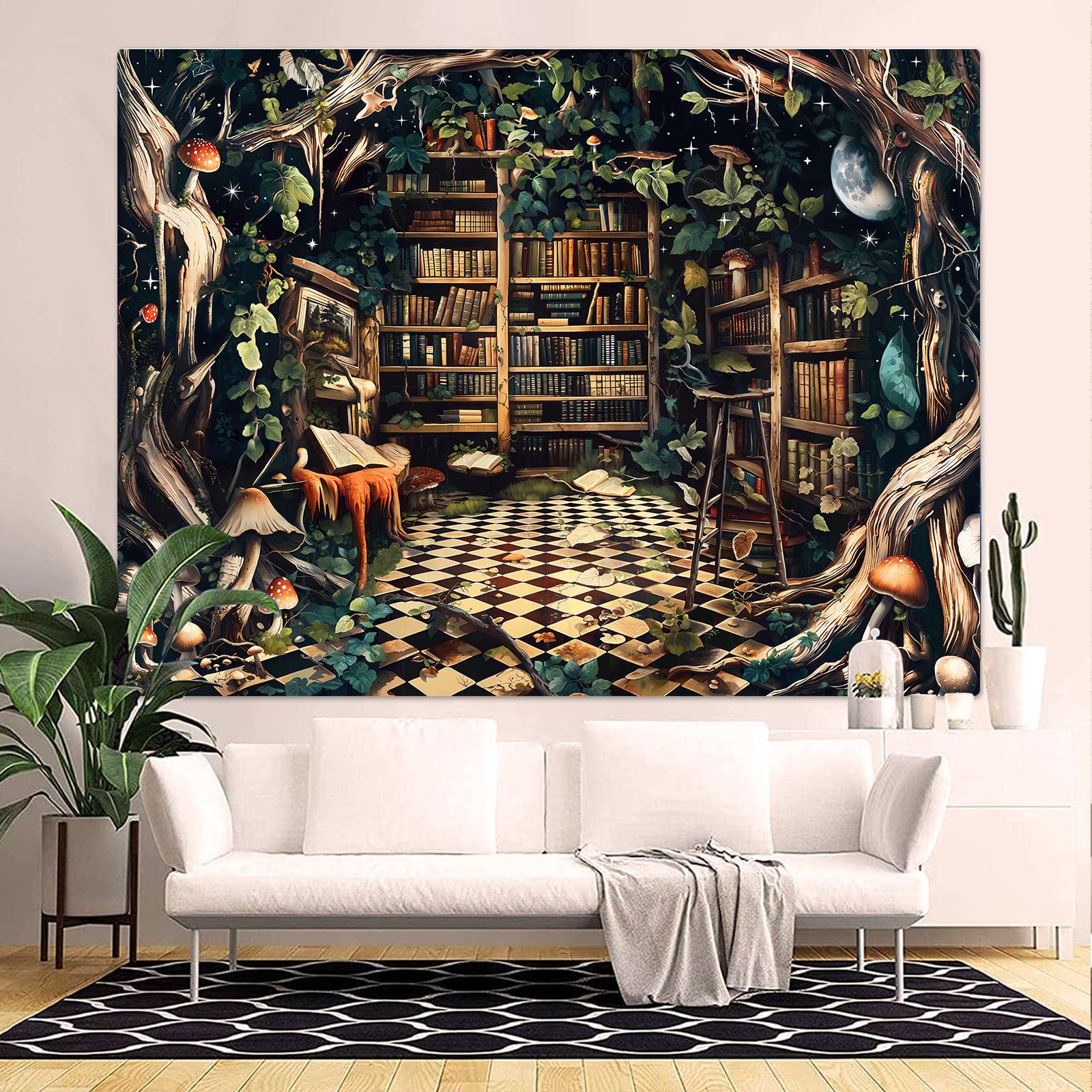 Accnicc Botanical Bookshelf Tapestry Lush Green Plant Book Shelf Tapestries Wall Hanging Art Vintage Retro Potted Plants Academics Library Book Tapestry for Bedroom Living Room Dorm 80 x 60 inch: Orange 80"L x 60"W