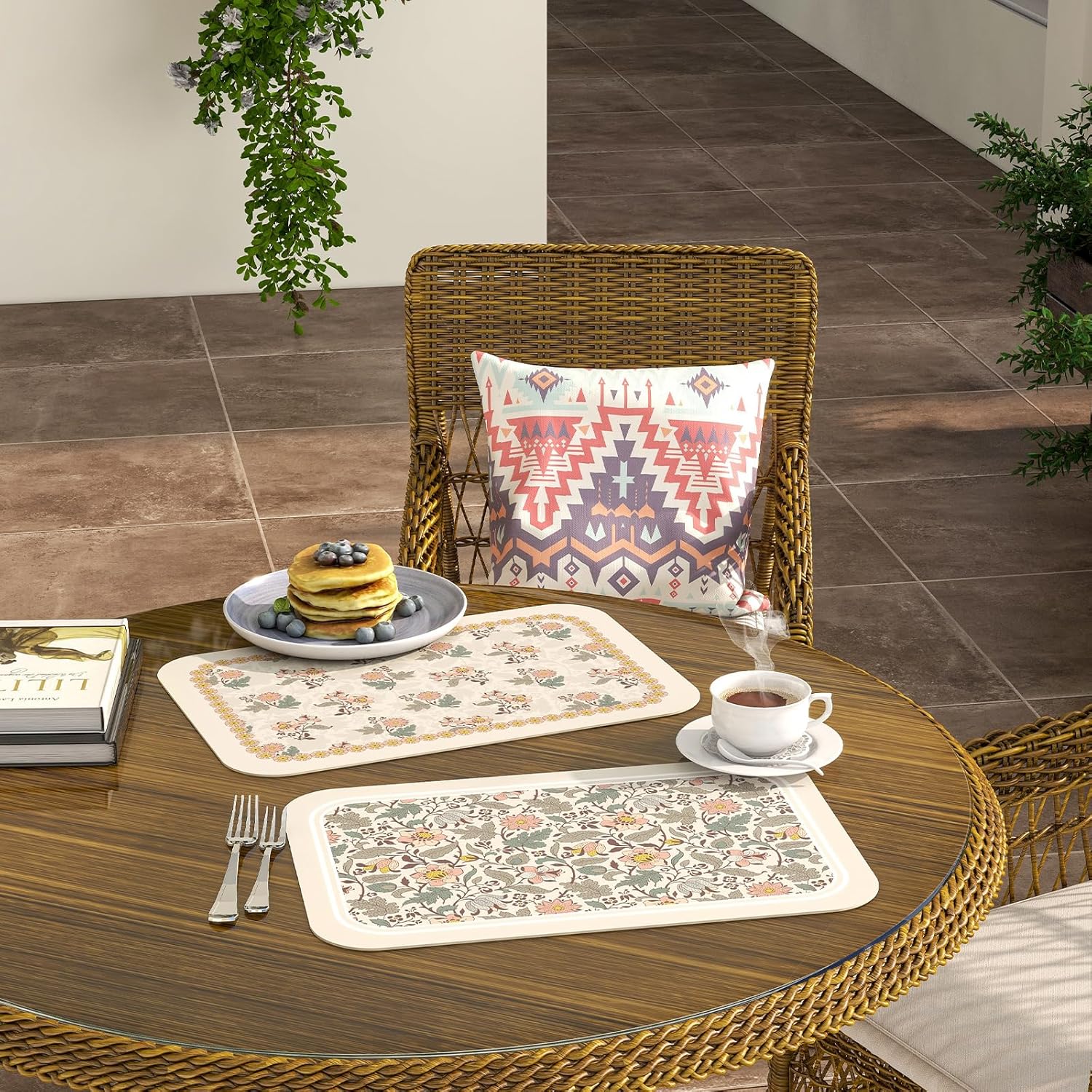ISAENNE French Floral Rectangle PVC Placemats Set of 6, Waterproof and Heat-Resistant Place Mat,Decoration for Kitchen, Dining, Party,Holiday, New Year,12"*17"