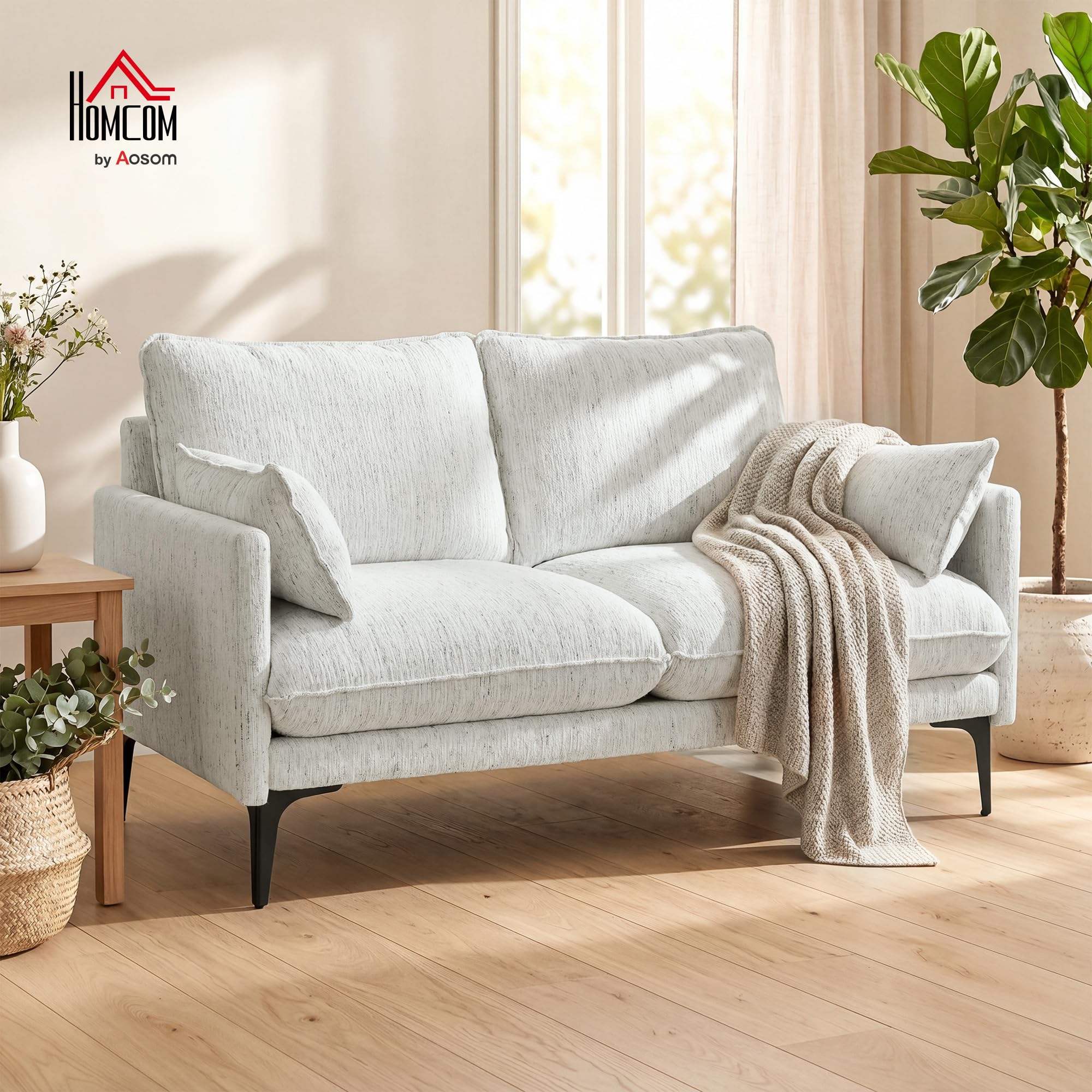 HOMCOM Divano 2 Posti Imbottito in Lino Traspirante con Filati Multicolore Delicati, Divanetto da Salotto con Imbottitura Spessa, Seduta Ampia Profonda, 2 Cuscini, Braccioli, 131x78x83 cm, Bianco