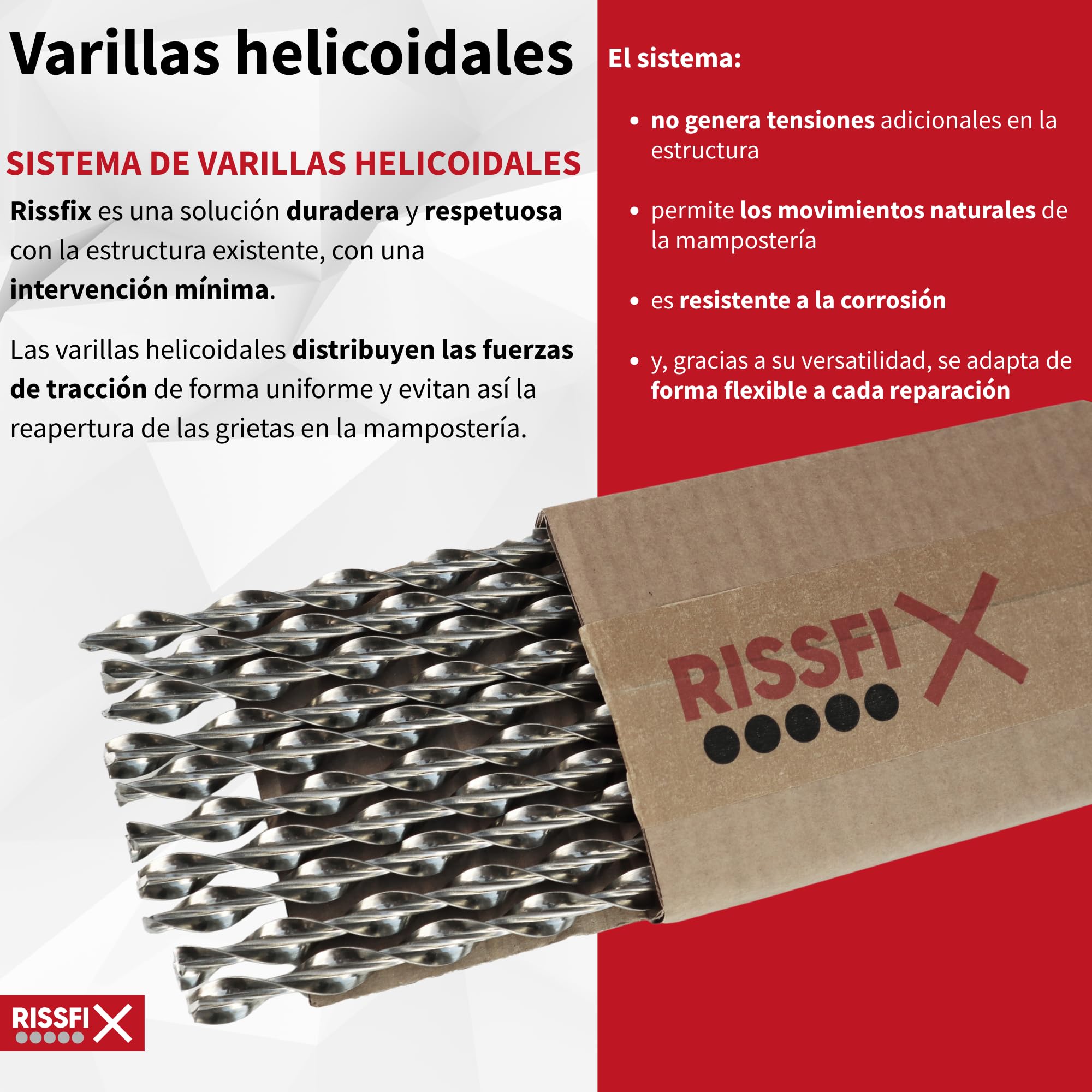 Varillas helicoidales de acero inoxidable – 10 unidades de 1 m – para la reparación de grietas en mampostería (⌀ 8 mm)