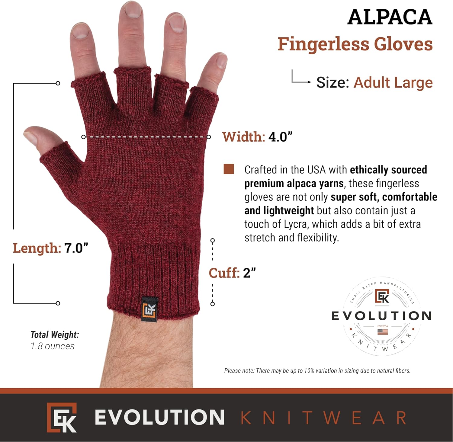 Evolution Knitwear Alpaca Knit Fingerless Gloves - Made in the USA - Super Soft Baby Alpaca - Large - Image 3