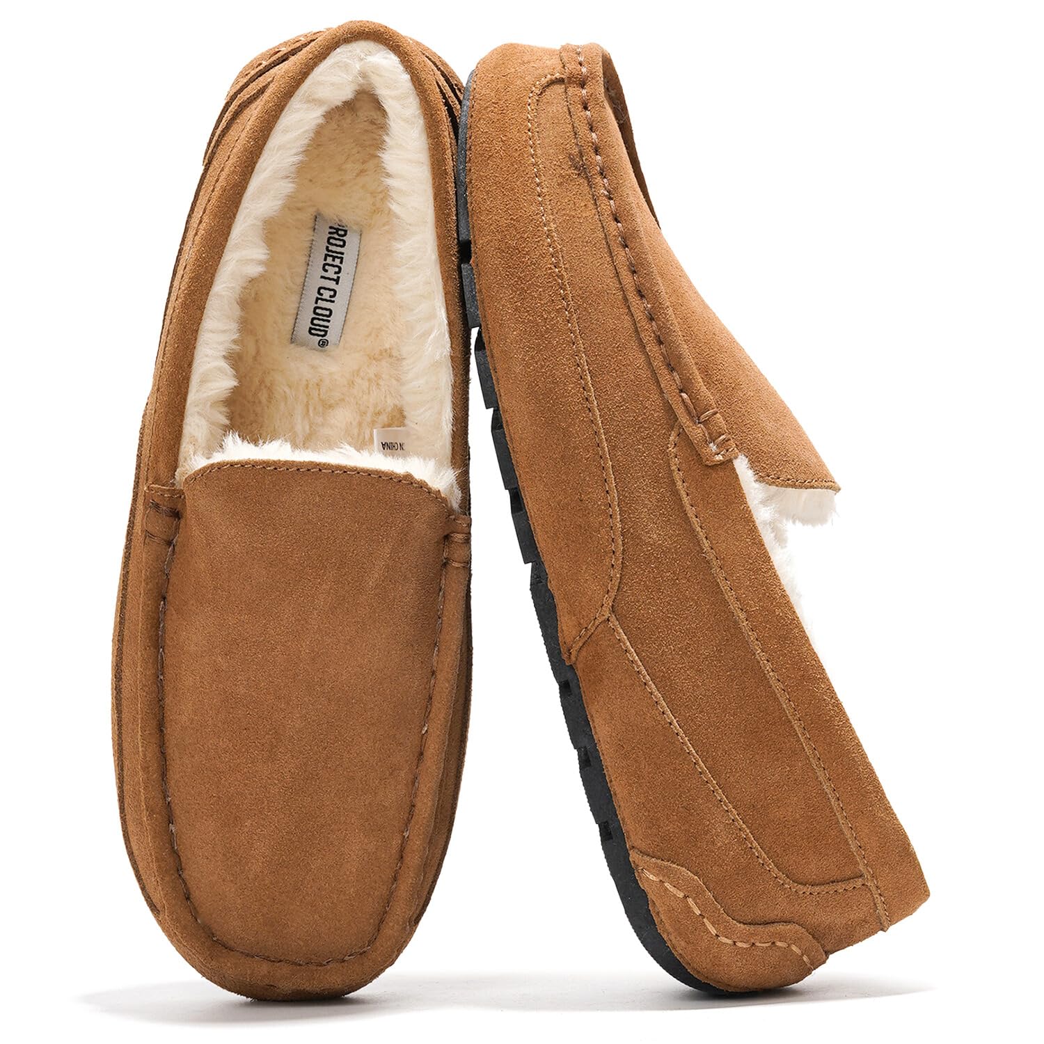 Project Cloud Mens Moccasin Slippers for Men, 100% Genuine Suede Mens  Slippers Memory Foam House Slippers for Men Indoor Outdoor Mens Loafers  Non-Slip